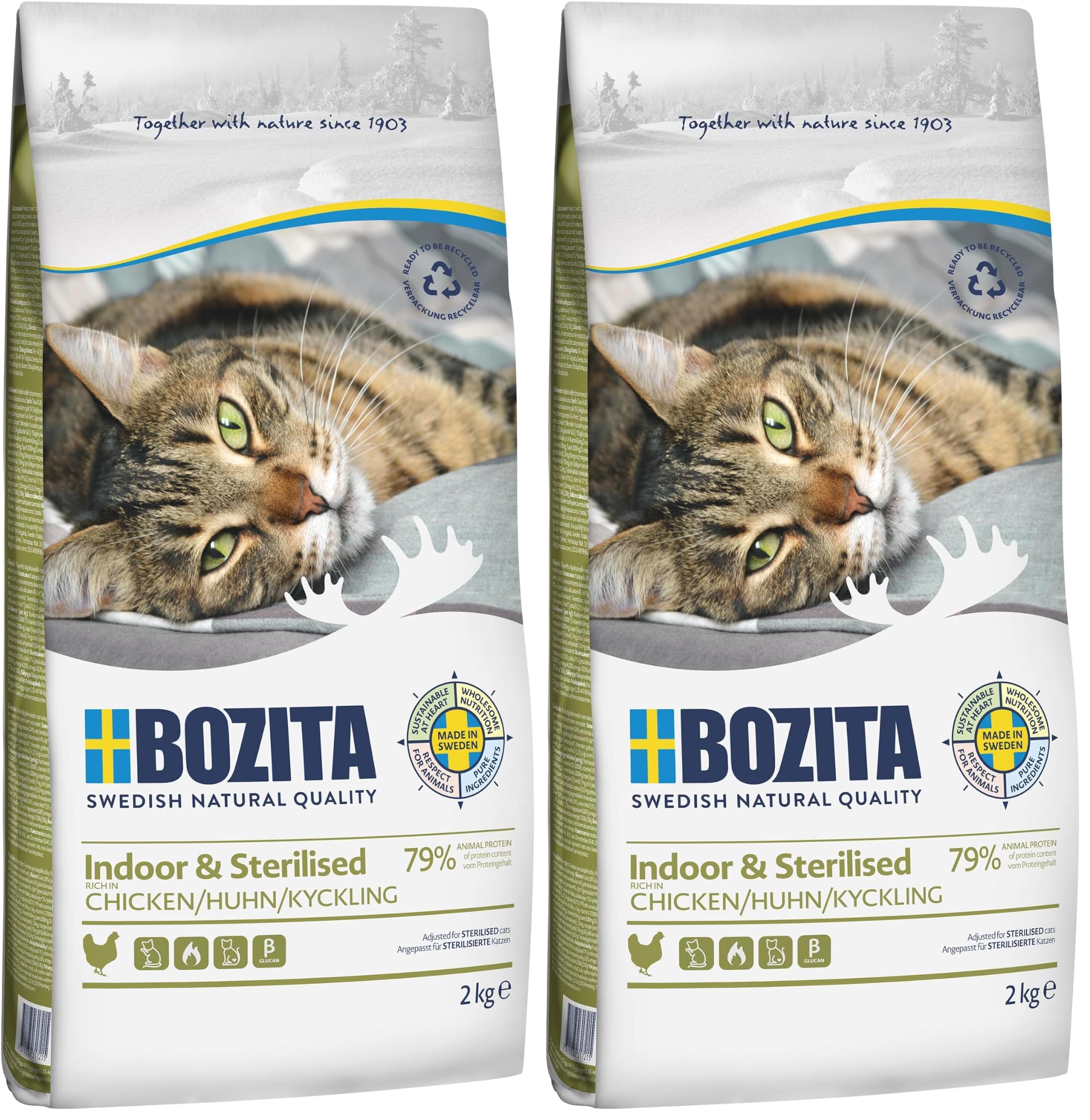 BOZITA Indoor & Sterilizzato Pollo – Cibo secco per adulti principalmente gatti che vivono all'interno, 2 kg (Confezione da 2)
