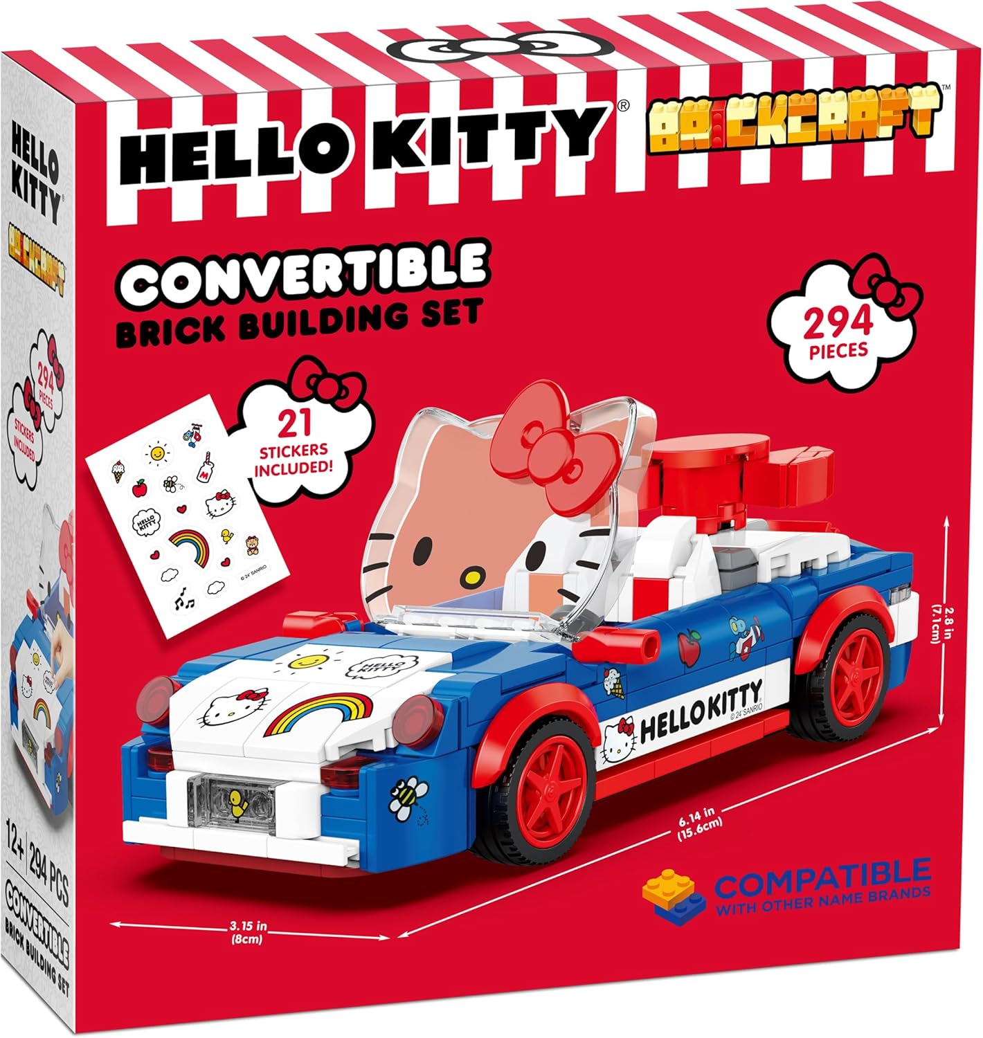 Brickcraft Officially Licensed Sanrio Hello Kitty Convertible Car Building Set, 294-Piece Multicolor Brick Kit with Detailed Character Face, Sticker Sheet Included