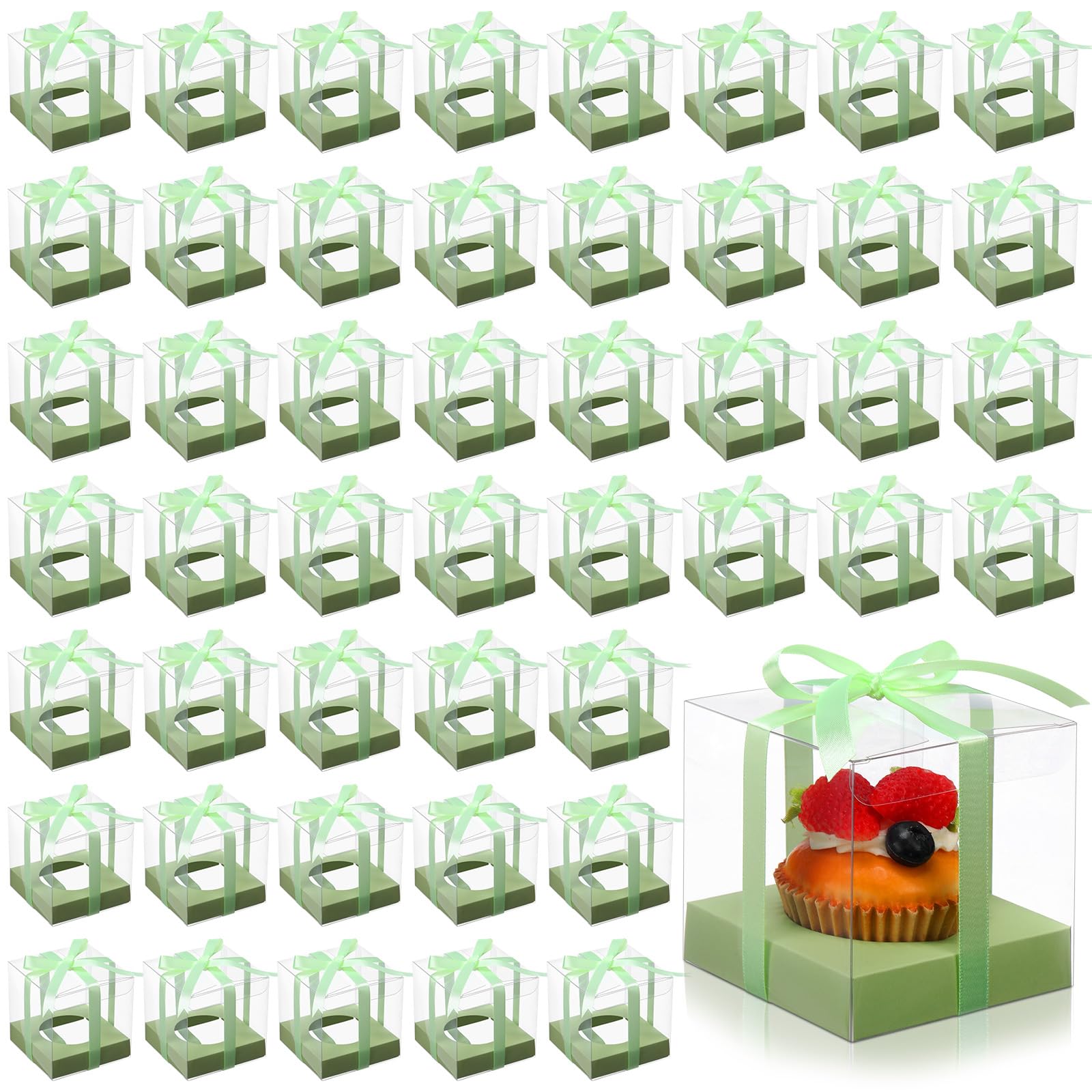 50 cajas transparentes para cupcakes, contenedores individuales de plástico de 3.5 pulgadas, cajas individuales para cupcakes con insertos y cinta, soportes individuales para cupcakes, almacenamiento