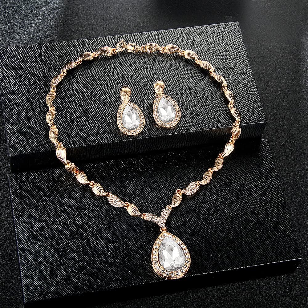 Womens Luxury Africa Dubai 18k Gold Plated Jewelry Sets Wedding Rhinestone Crystal Bib Statement Necklace Earrings Set for Brides Party Prom image 4