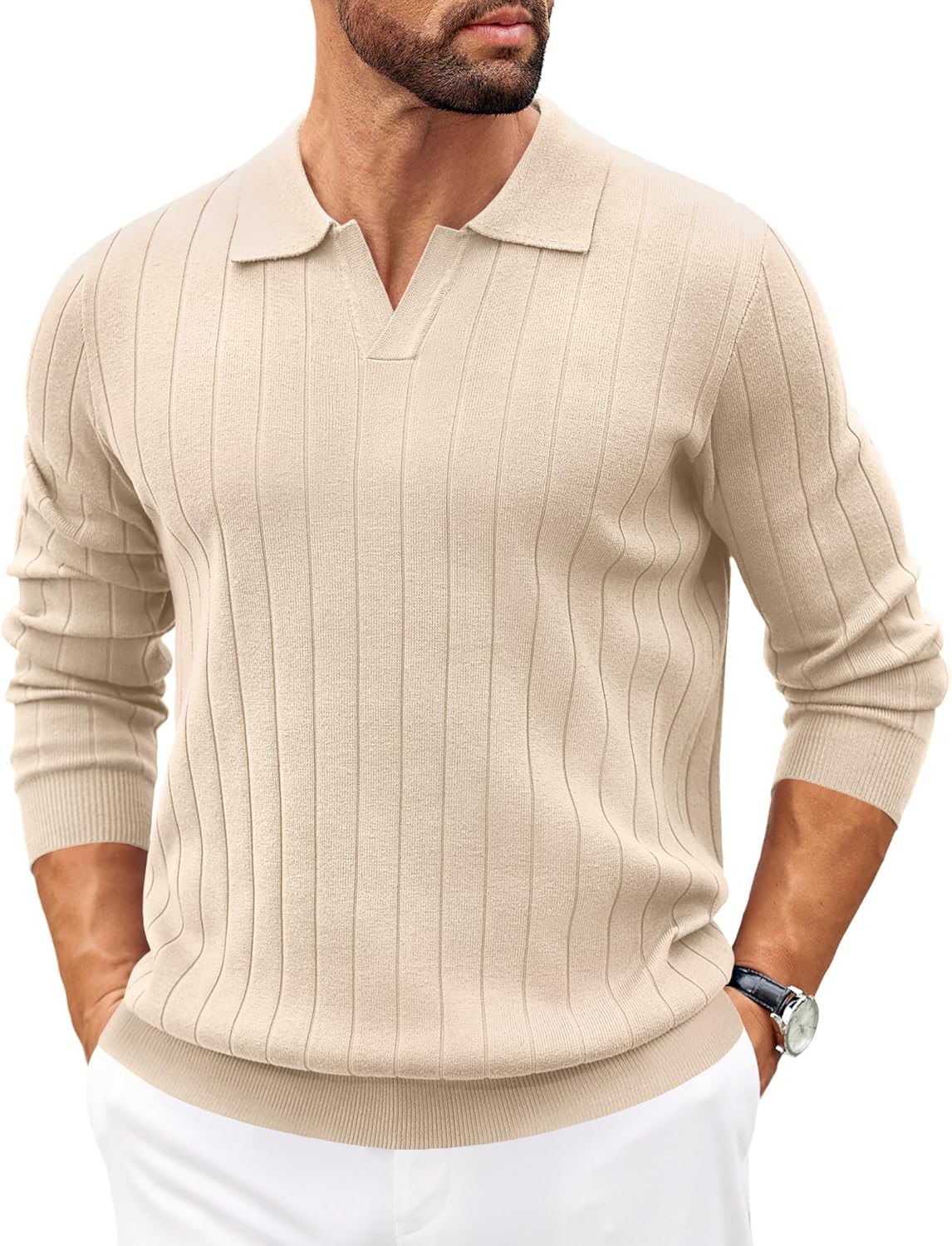COOFANDY Mens Sweaters Polos Long Sleeve V Neck Knit Polo Lightweight Casual Pullover Sweater