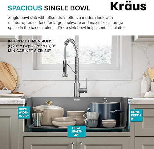 Miniatura 3 de Kraus - Fregadero de cocina de granito Forteza, 33 pulgadas, gris KGD-54GREY