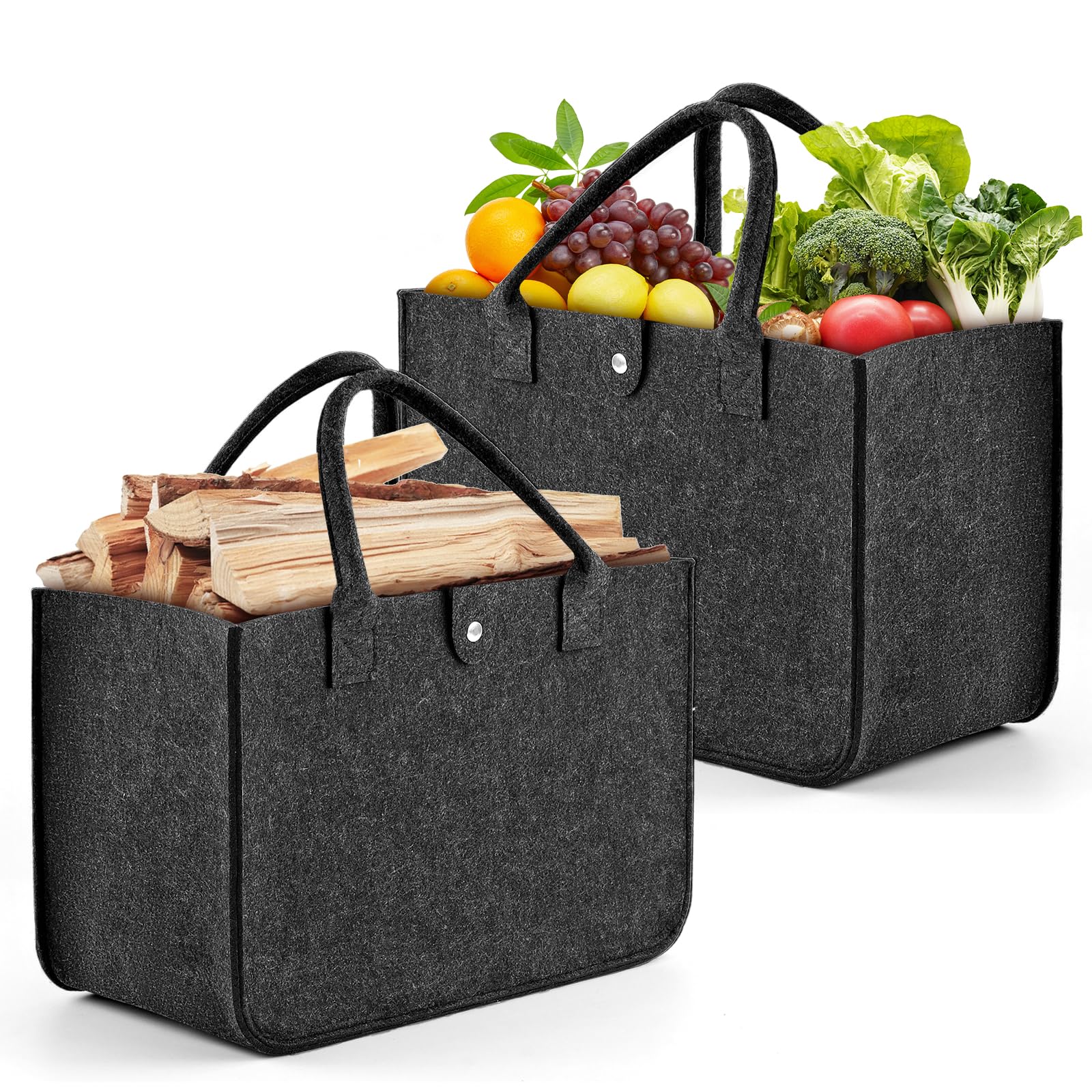 2 Sacs En Feutre Pliables 20L - Panier à Bûches Cheminée Gris, Sac De Transport Bois & Courses