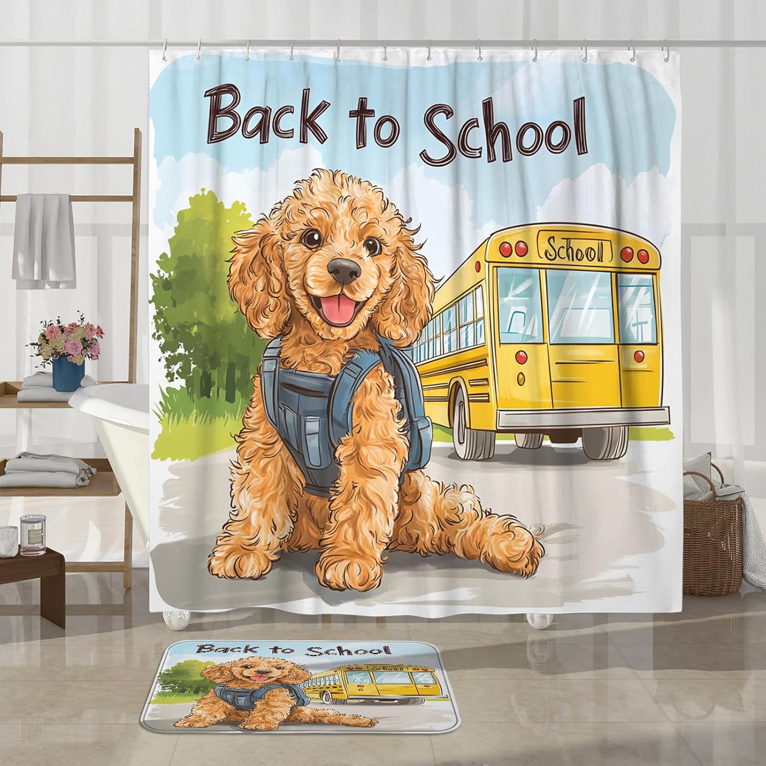 4PCS Labradoodle Dog School Bus Bathroom Accessory Sets with Non-Slip Rug, U Shape and Toilet Lid Cover Mat, Fun Back to School Puppy Bathroom Decorative-72''x72''