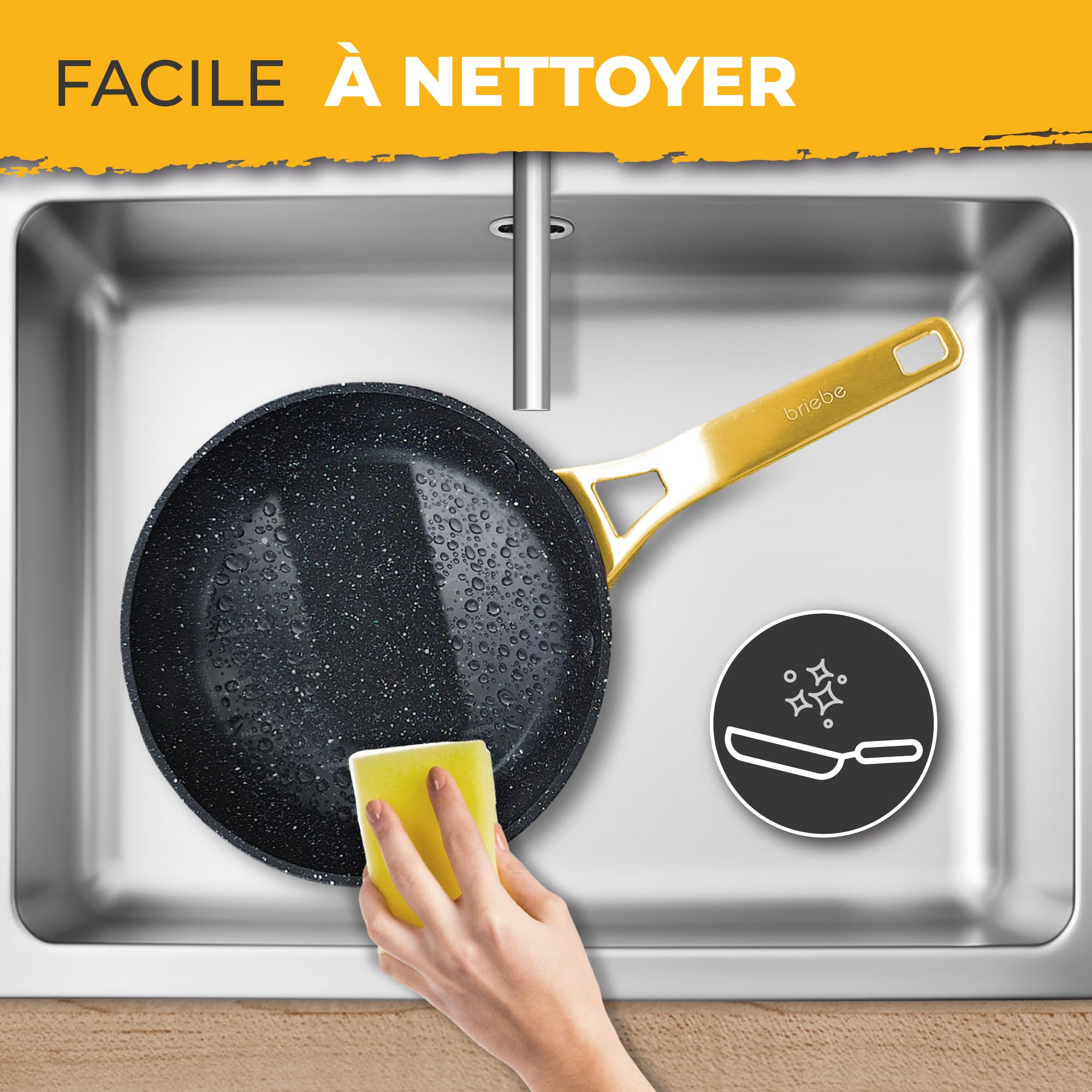 briebe Gold Titanium Set de 3 Poêles Induction, Antiadhésives Titane 18-20-24cm, Aluminium Forgé, Revêtement sans PFOA, Manche Professionnel Acier Inox, Vitrocéramique, Gaz, 3 Protecteurs
