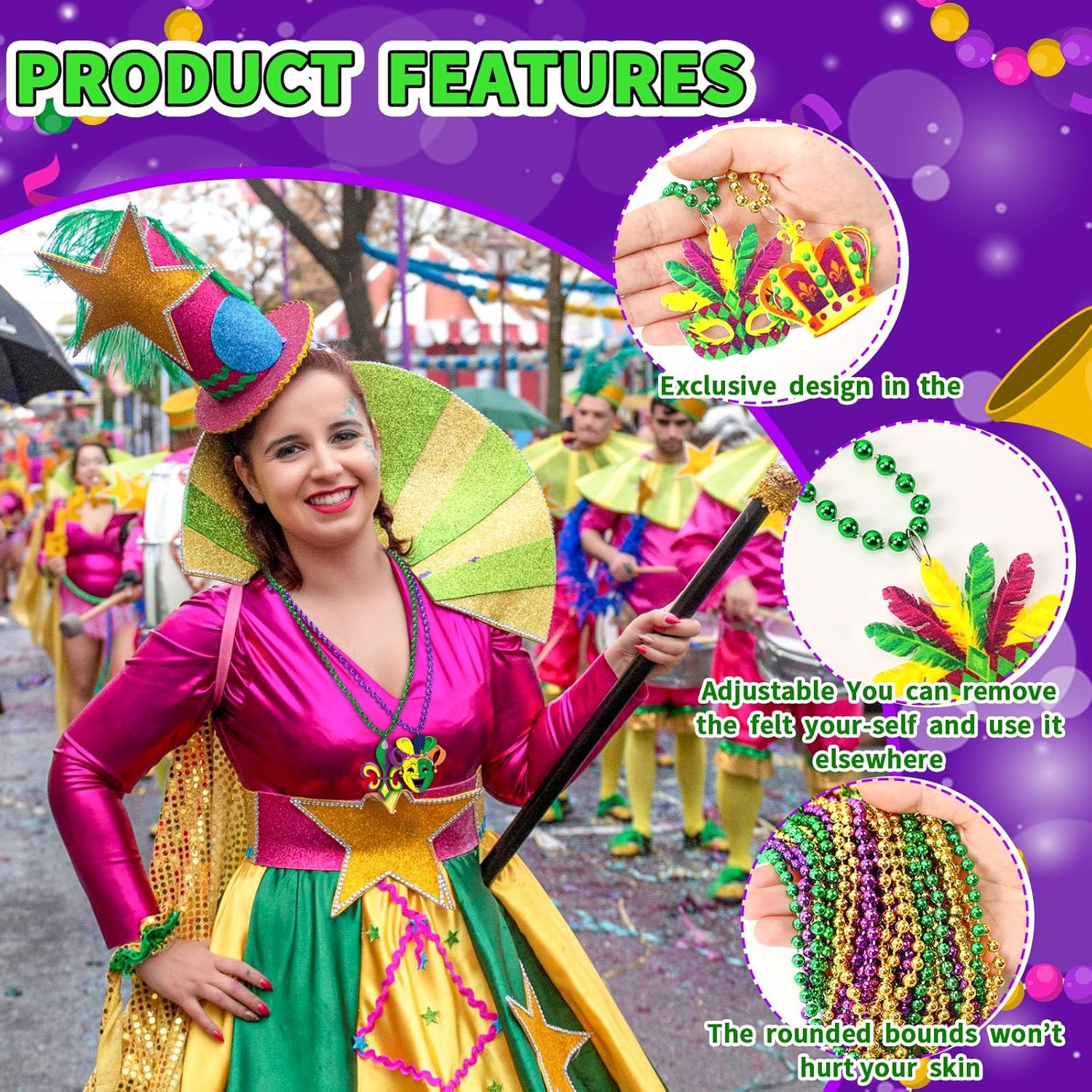 NOVWANG 21Pcs Mardi Gras Accessories Beads Necklaces Green Purple Gold Bead Necklaces for Mardi Gras Carnivals Celebration Parade Throws Party Favor Decorations Supplies(11 Designs) - Image 3