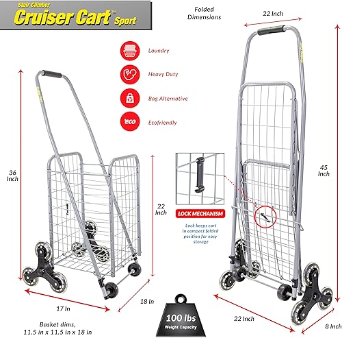 Miniatura 4 de dbest products Stair Climber Cruiser Cart Sport Shopping Grocery Cesta plegable para ropa sucia con ruedas, carrito plegable utilitario compacto y