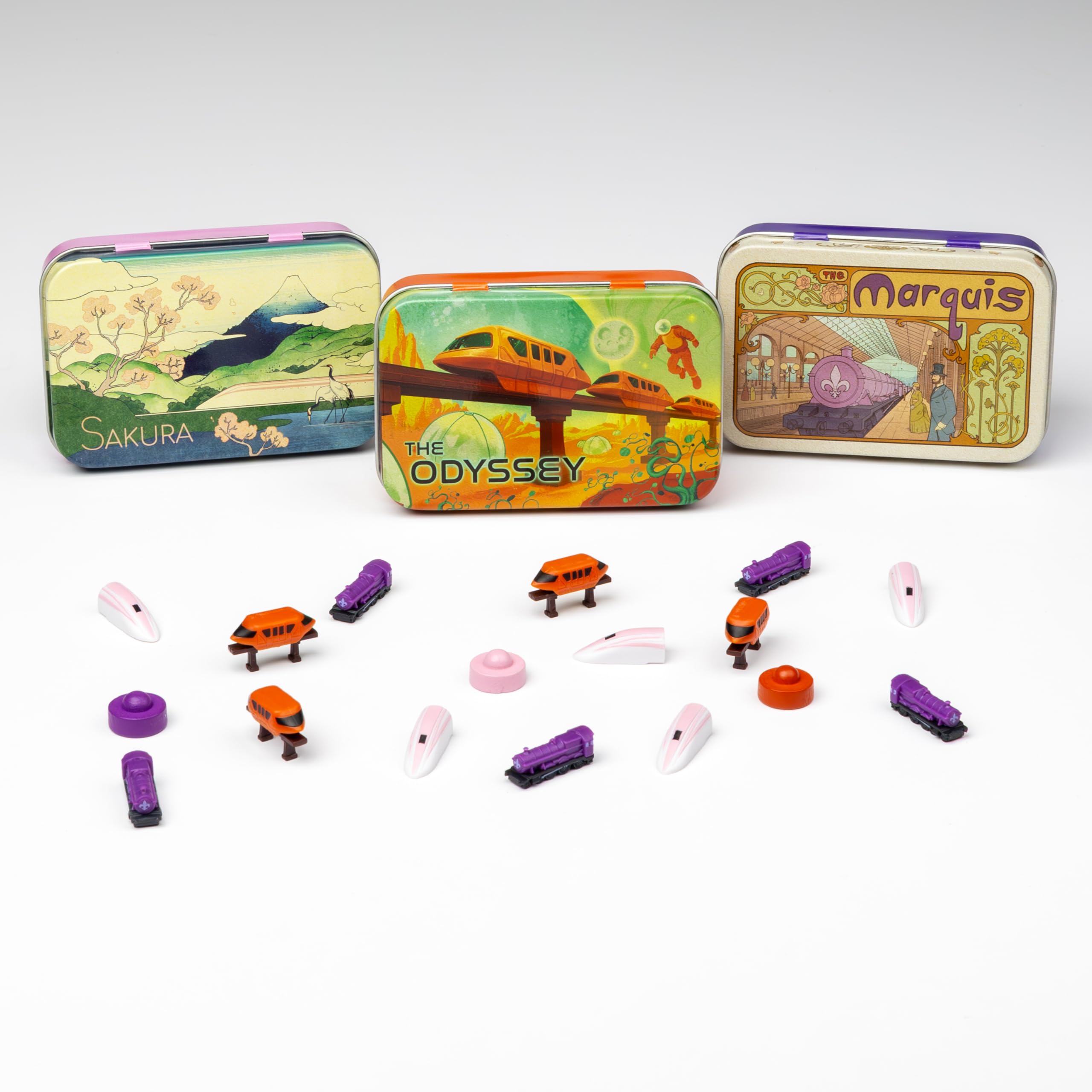 Extraordinary Engines - Deluxe Board Game Train Set | Upgraded Player Pieces for Ticket to Ride and Other Adult, Family, and Kids Train Board Games | Orange, Purple, and White / Pink Colors