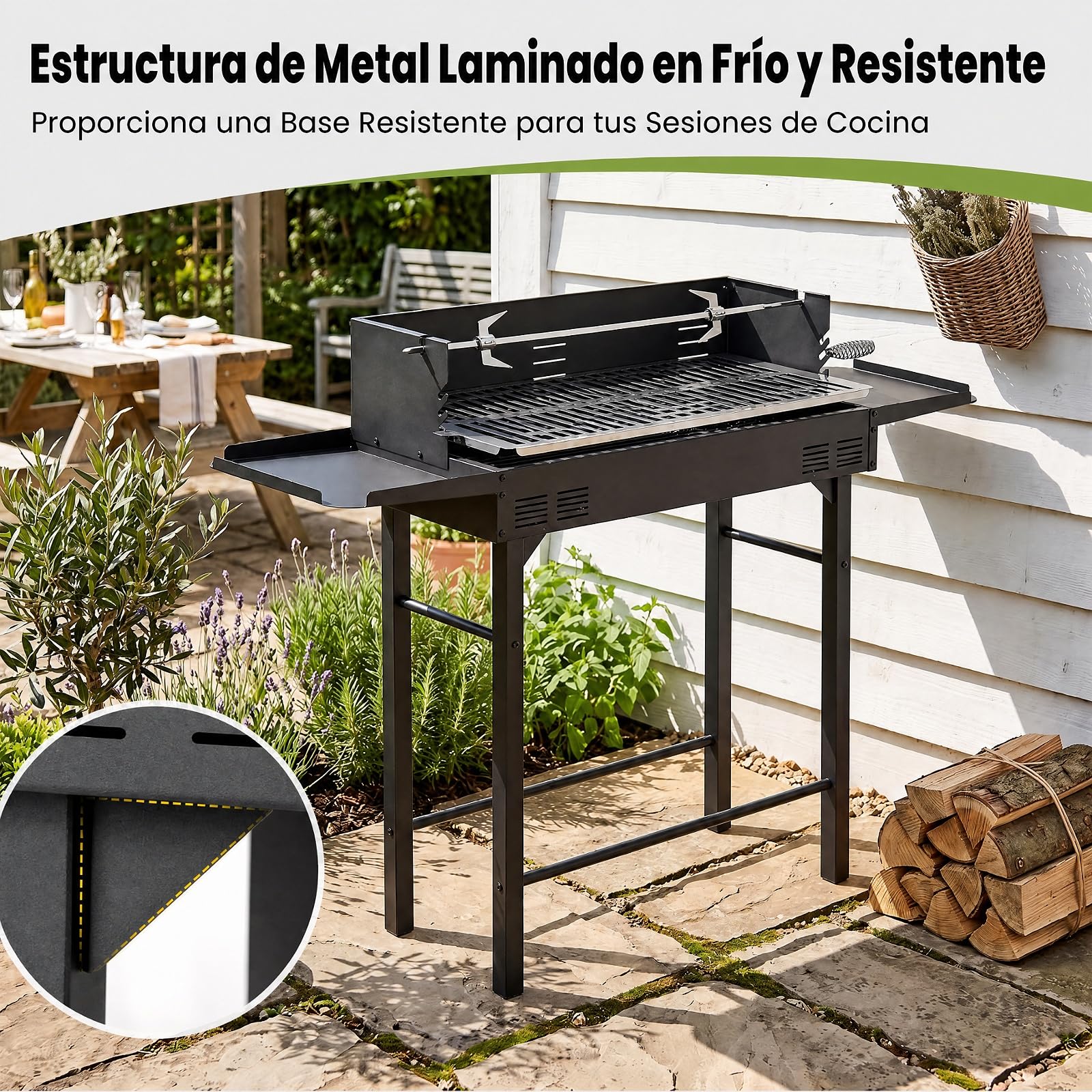 COSTWAY Barbacoa de Carbón, Rejilla de Altura Regulable, 120 x 32,5 x 90 cm | 2 Mesas Laterales, Espeto Giratorio, Protector Antiviento, Parrilla Barbacoa Rectangular para Camping, Picinic BBQ