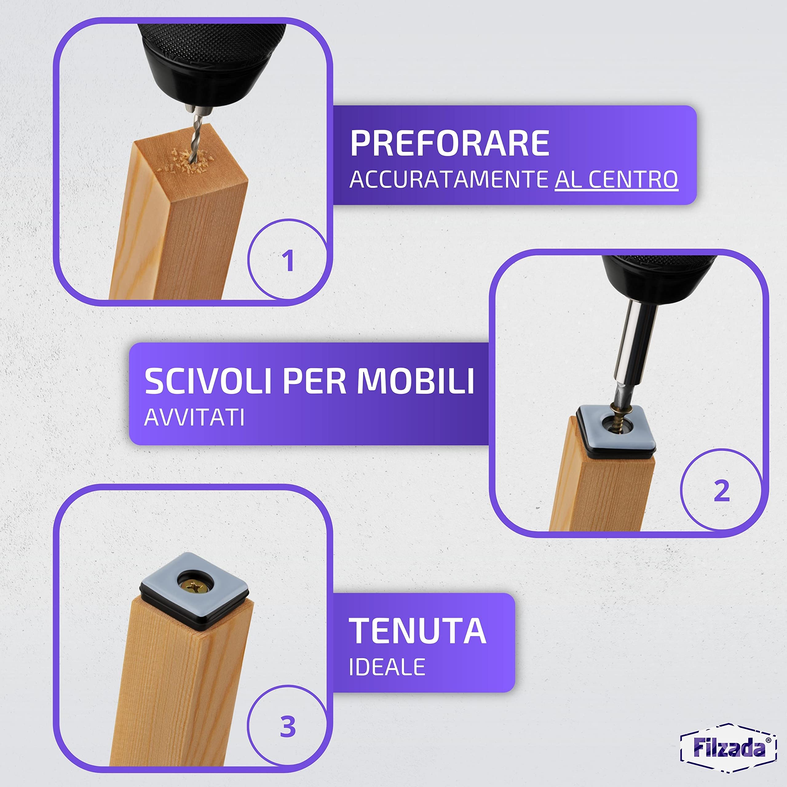 Filzada® 26x Piedini per mobili in Teflon da avvitare - 25 x 25 mm (quadrato) - Scivoli per mobili/scivoli per moquette PTFE (Teflon) incl. viti