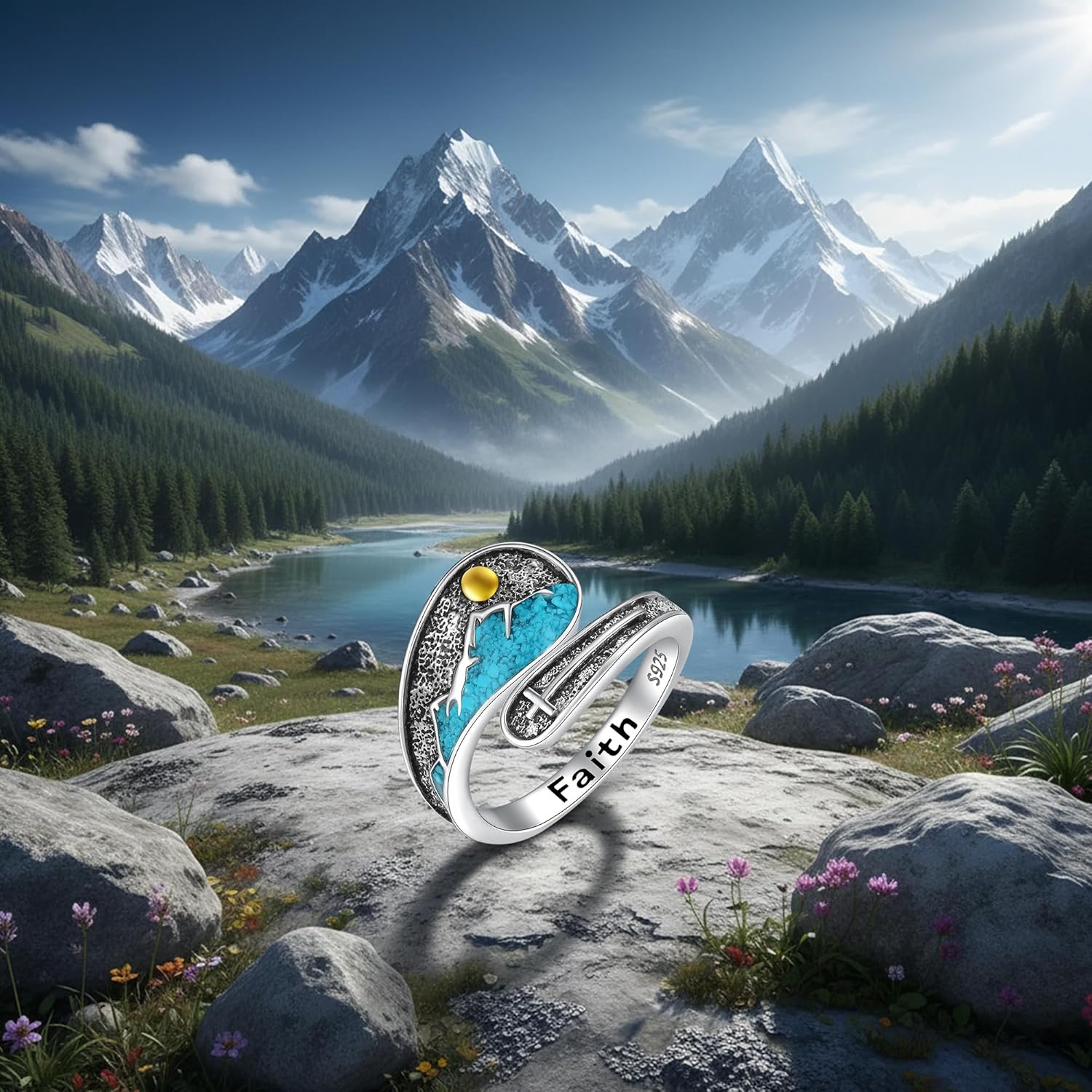 Mustard Seed Spoon Ring Cross Ring S925 Sterling Silver Mountain Turquoise Western Thumb for Women Faith Adjustable Vintage Christian Religious Jewelry Gifts