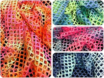 Diamond Mesh Big Hole 0.5 Inch Multi-Color Tie-dye Pattern w/Silver Sparkly Glitter Stretch Polyester Spandex Fabric by The Yard Orange/Pink