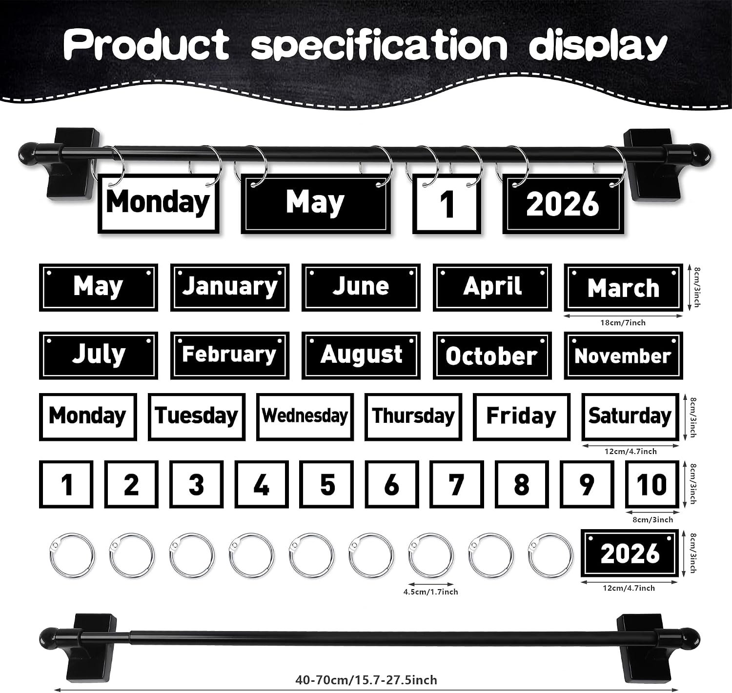  Magnetic Rod Black and White Flip Calendar for Classroom | 2026 Upgraded Classroom Calendar Date Cards Black and White Decor Bulletin Board Set thumbnail