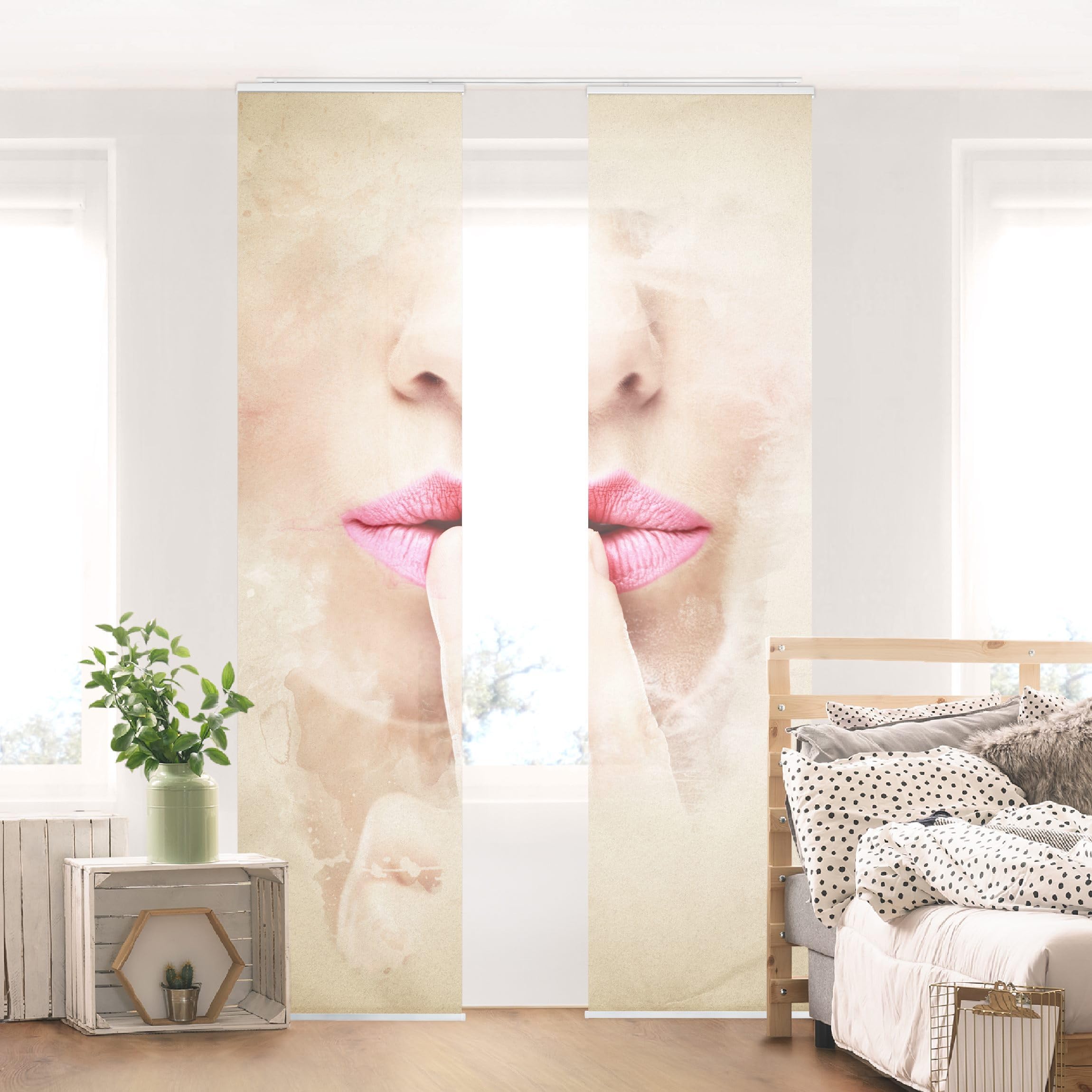 Schiebegardine halbtransparent 60er Paneel Klett Portrait Textil lichtdurchlässig - Motiv Modern Flächenvorhang beige Wohnzimmer Schlafzimmer 1479 (120x250 cm - 2er Set)
