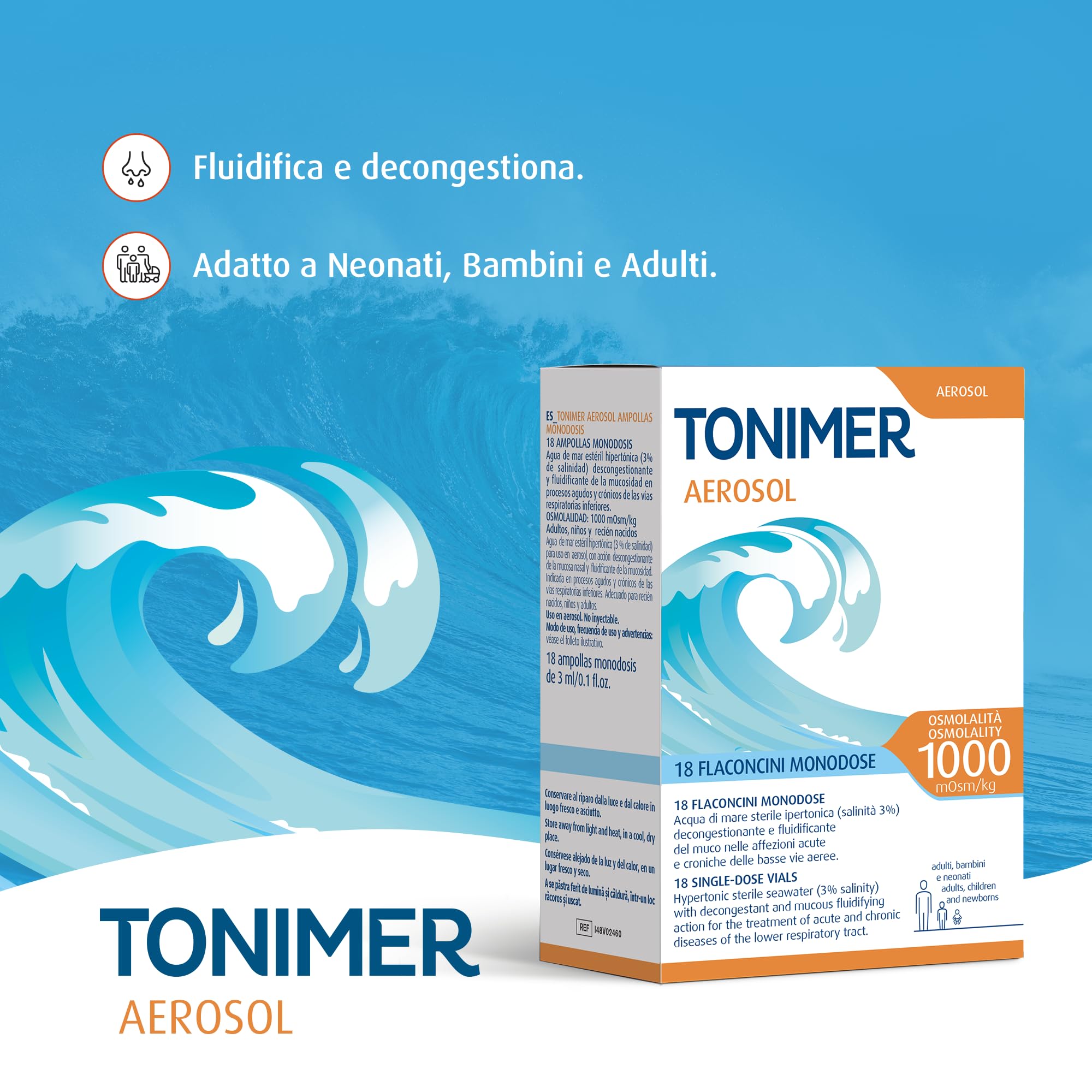 Tonimer Aerosol 1000-18 flaconcini monodose - Acqua di Mare Sterile Ipertonica (salinità 3%) - Decongestionante e Fluidificante del Muco - Adatta a Neonati, Bambini e Adulti