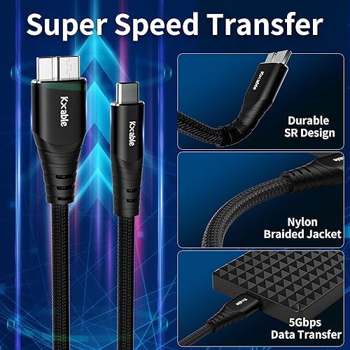 Miniatura 9 de Cable micro 3.0 de 2 pies (paquete de 2), USB 3.0 C a Micro B, cable trenzado de nailon C-macho a micro B, cable externo de disco duro externo