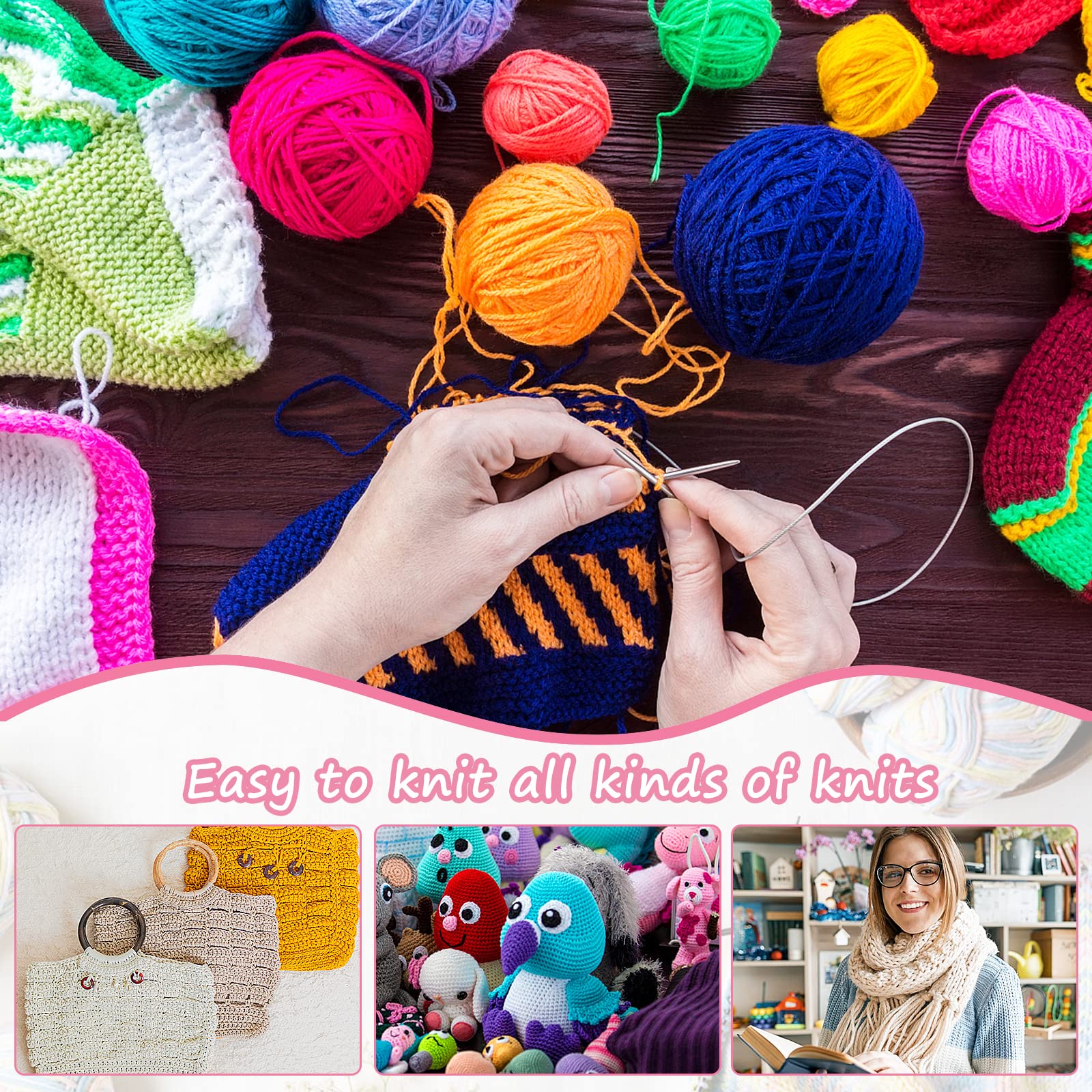 Aeeque Set Ferri Circolari Per Maglieria Principianti 45 Pezzi - Aghi Da 1,5 A 5,0 Mm, 80 Cm, Con 15 Gomitoli Di Lana Acrilica E Accessori, Kit Completo Per Maglioni E Coperte, In Tela Borsa - 3