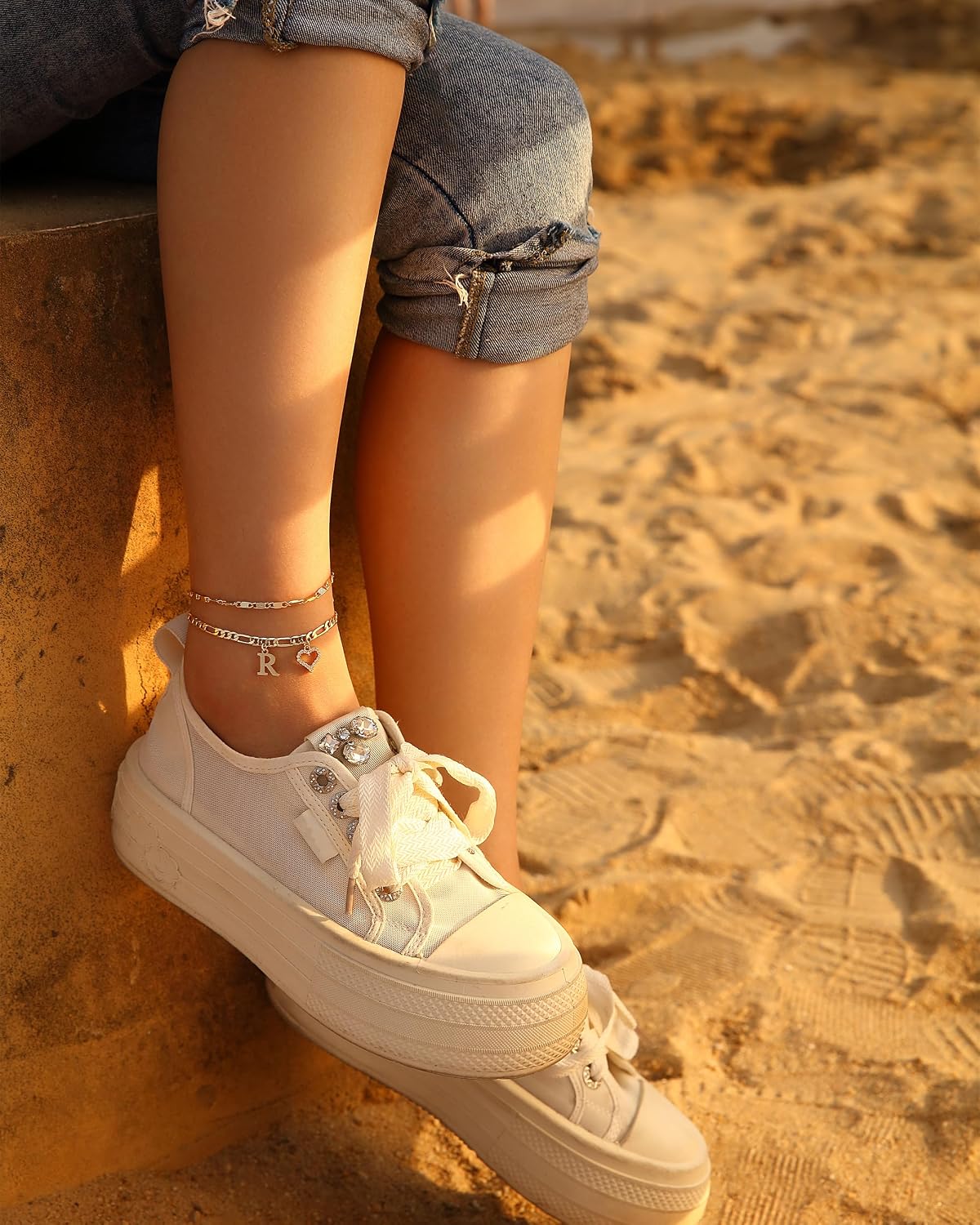 Initial Ankle Bracelets for Women Waterproof 14K Gold Plated Dainty Layered Figaro Chain Letter Initial CZ Heart Ankle Bracelets Set Summer Beach Jewelry for Women image 5