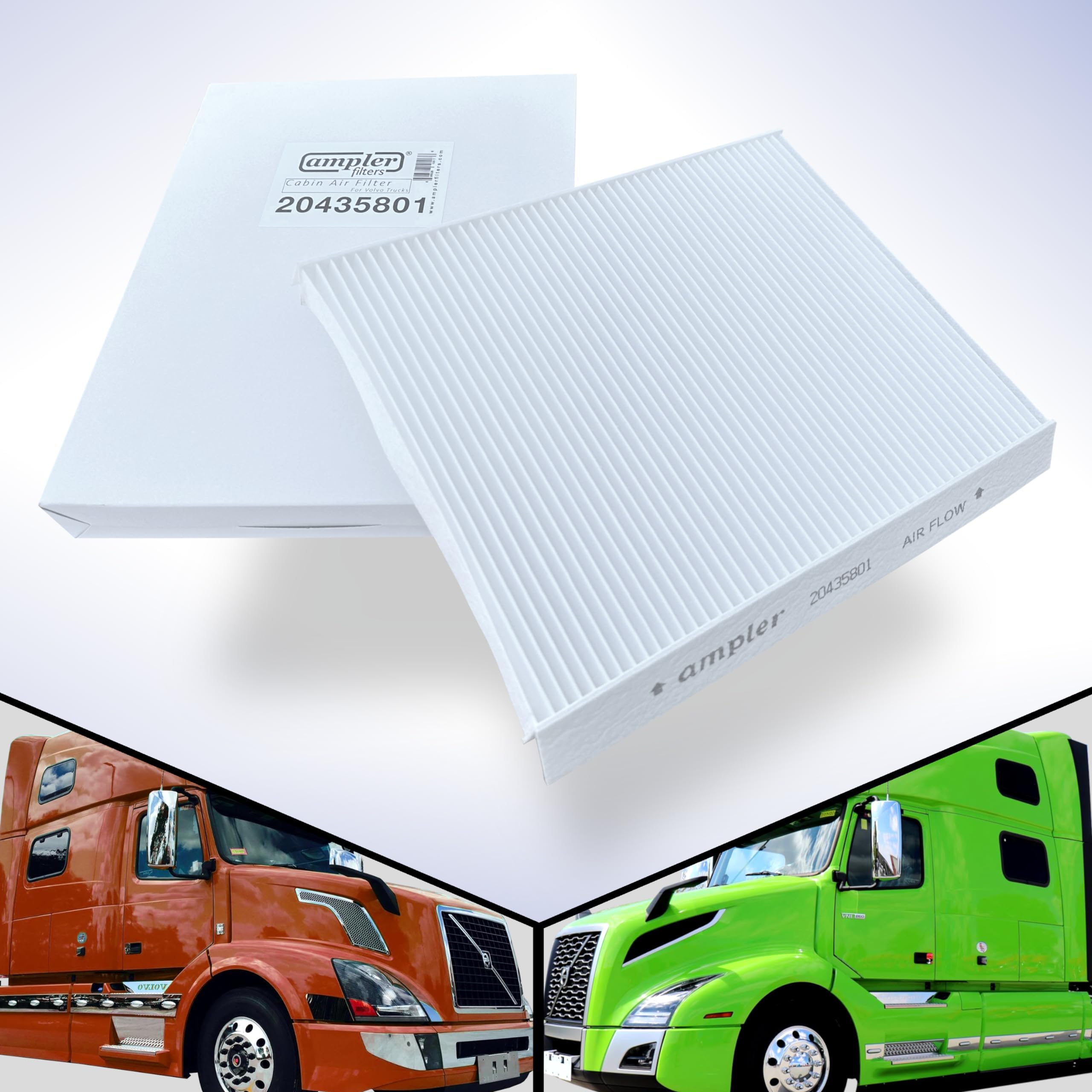 AMPLER's Cabin Air Filter 20435801- replacement for Volvo Trucks - Repl Also: P606555, CAF24000, PA4681, AF26405, AF2428, PA10187, C15954, ABP N03 A06555, Wix 49084. For Volvo VNL cabin and sleeper.