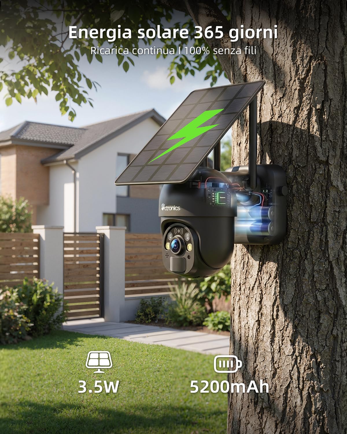 Ctronics 2K 3MP Telecamera Wifi Esterno a Batteria, 100% Senza Fili PTZ Telecamera con Pannello Solare Pan 355°/Tilt 95° Radar PIR Doppia Modalità di Rilevazione e Audio Bidirezionale IP66 | 100% Senza Fili,PTZ con Pannello Solare,Pan 355°/Tilt 95°,Radar