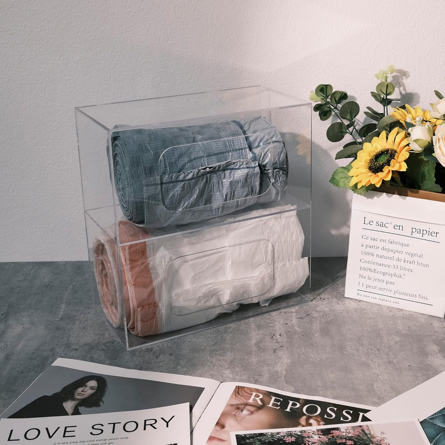 SEANADO Trash Bag Dispenser Roll Holder, 2 Compartment Wall Mount Acrylic Kitchen Double Side Loaded Organizer Storage Box Holder for Garbage and Grocery Bags (10.4 x 5.5 x 11inches)