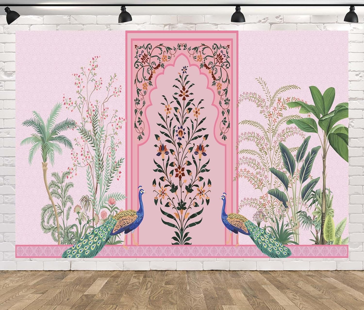 BELECO 10x8ft Fabric Pink Mughal Garden Backdrop India Theme Traditional Floral Arch Peacock Plants Background India Wedding Party Decorations Banner Baby Shower Photoshoot Studio Props