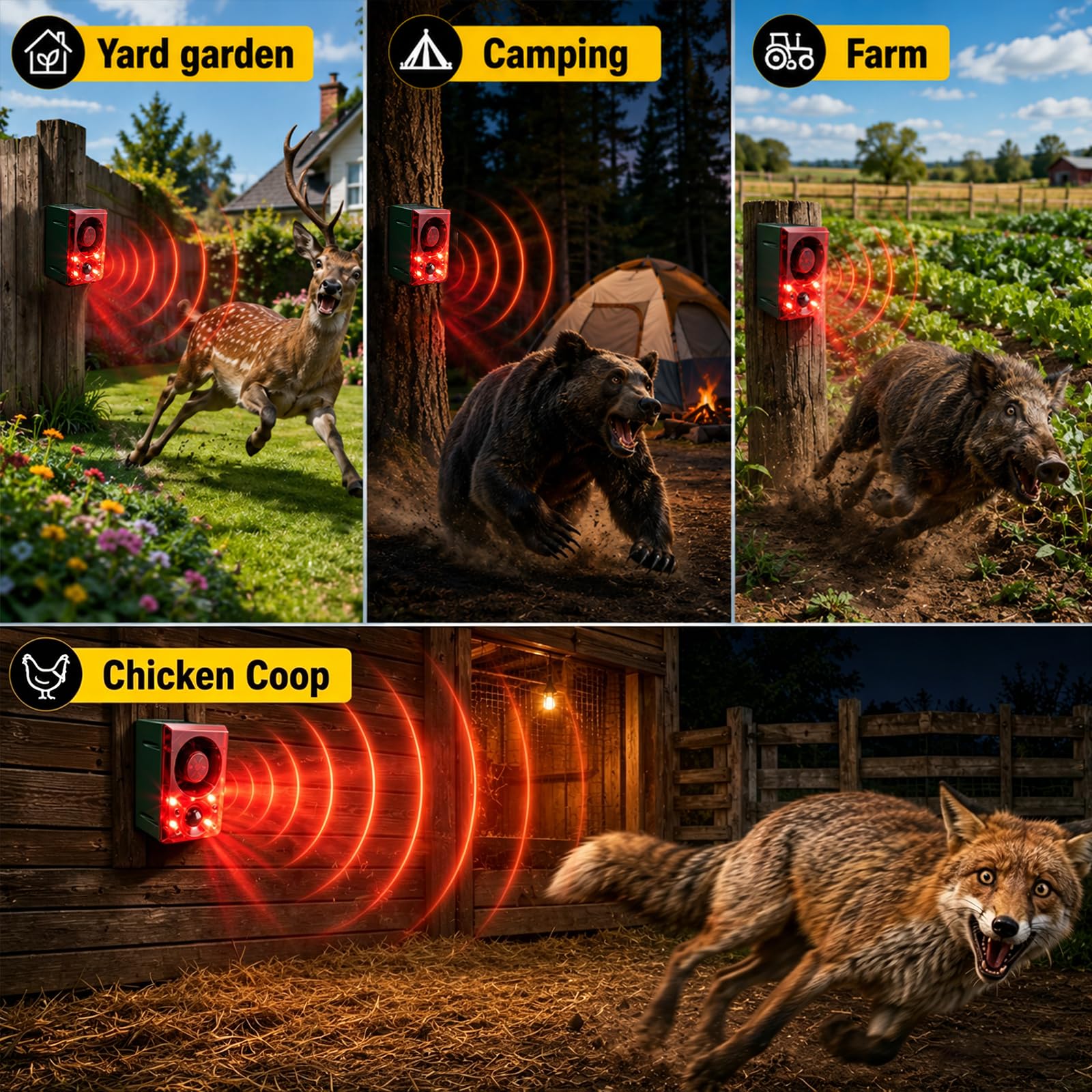 ChunHee Alarma solar con sensor de movimiento para exteriores con sonido de disparo de perro ladrando, grabación de soporte y volumen ajustable, 130 dB, generador de ruido fuerte, 3 modos de trabajo