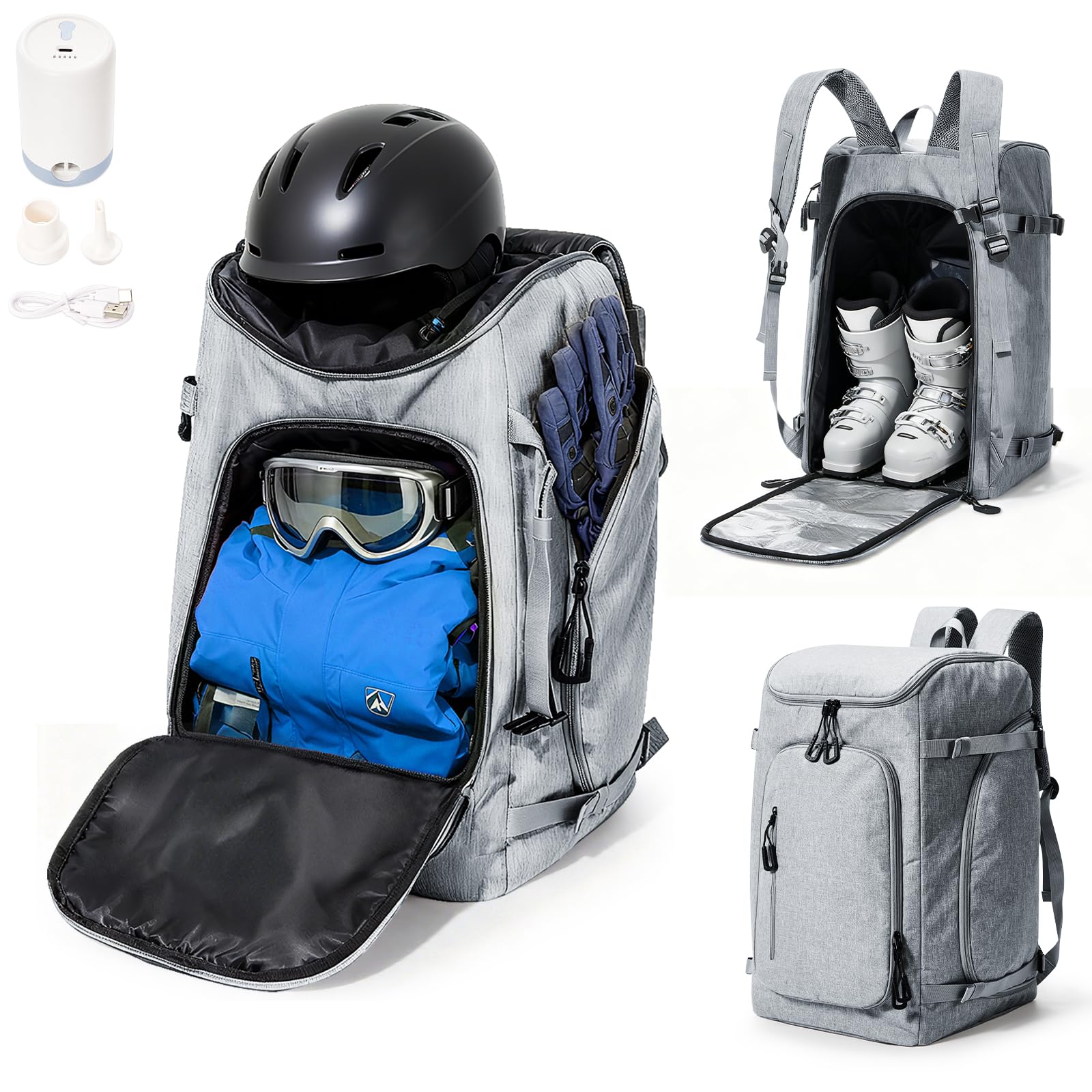 Ski Boot Bag Ski and Snowboard Boots Backpack for Ski 60L Vacuum Travel Backpacks with Pump Waterproof Snowboard Boot Bagfor Helmet, Goggles, Gloves, Skis, Snowboard &amp; Accessories(Grey)