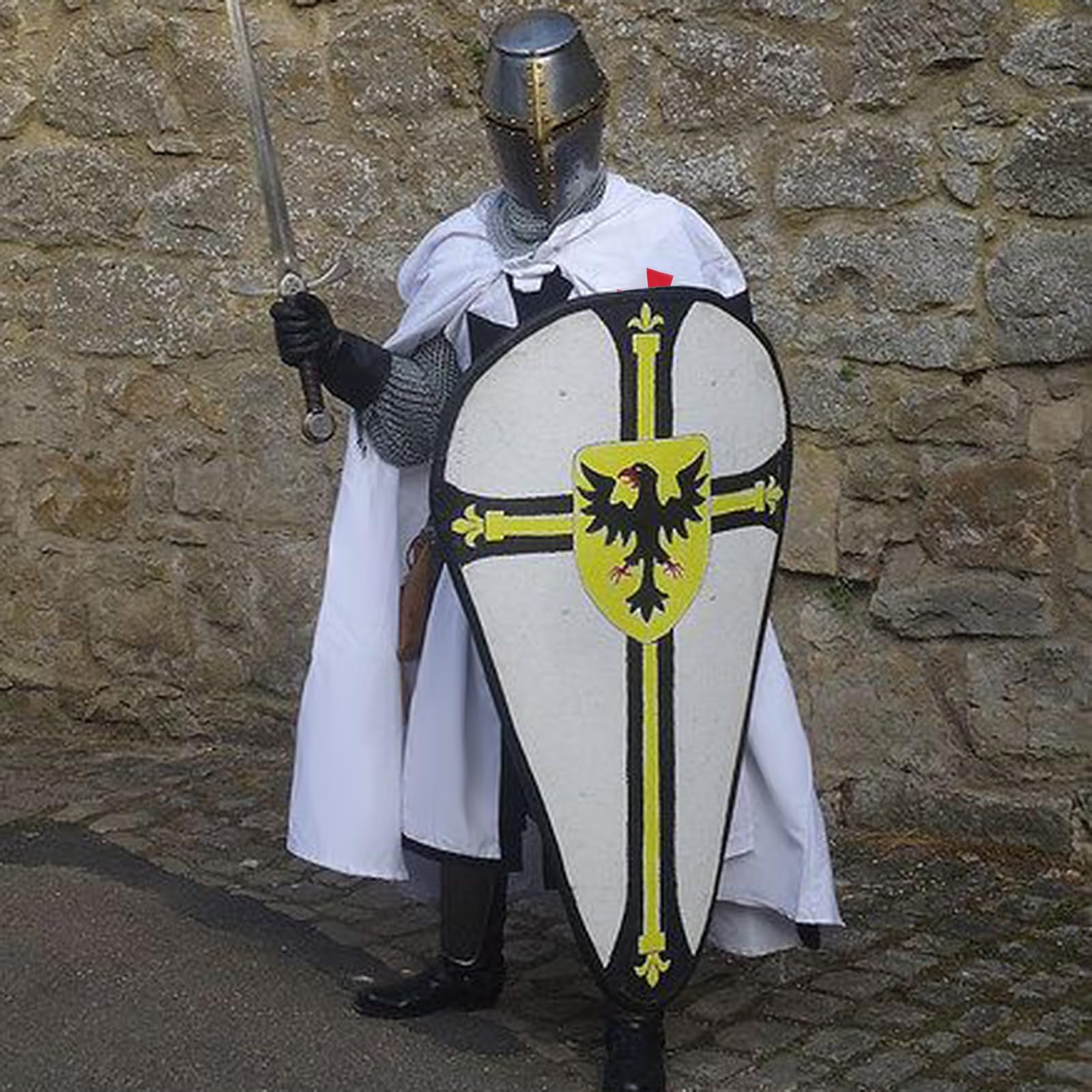 Mittelalter Ritter Umhang mit Kapuze Kostüm Tempelritter Kreuzritter Umhang Fasching Cospaly LARP Tempel Hospitaller Mantel Cloak mit Kreuz，Verkleidung Damen Herren