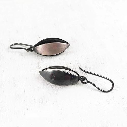 Miniatura 4 de Nature Inspired Geometric Earrings, Hook Dangle Drop, Sterling Silver Satin and Dark Oxidized Finish, Handmade in Peru. Great for Gift Sets.