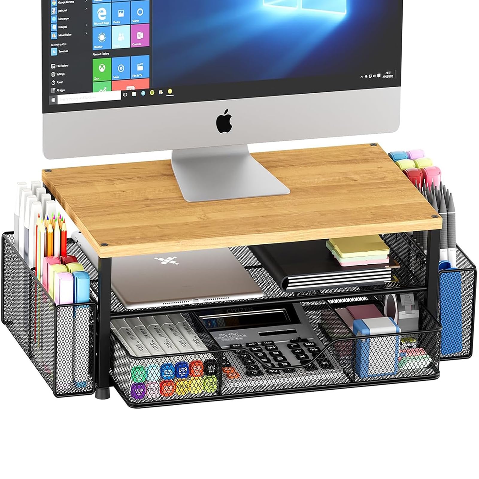OPNICE Desk Organizers and Accessories, 2-Tier Computer Monitor Stand with Drawer and 2 Pen Holders, Laptop Stand, Office Desk Accessories for Office