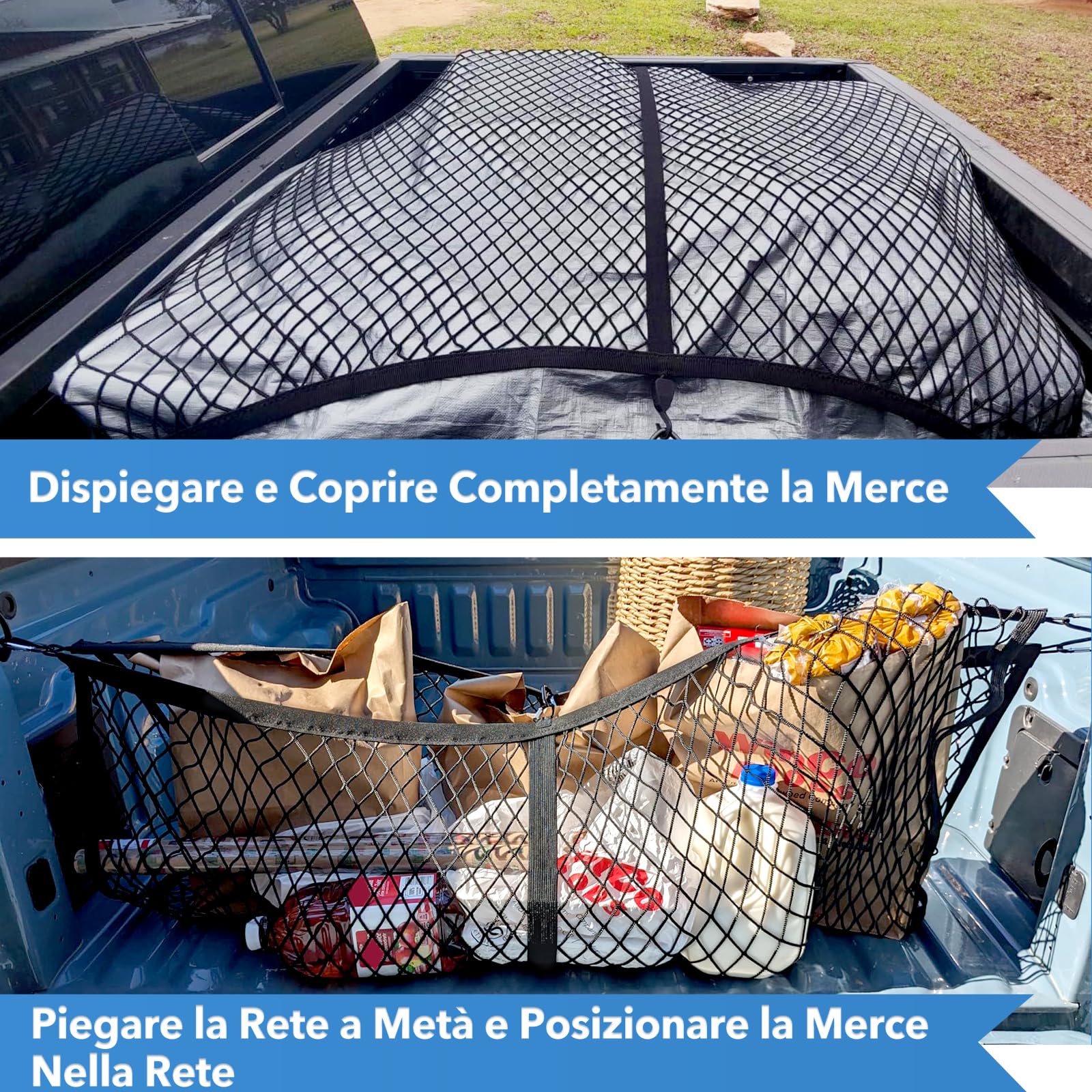 Rete Elastica per Camion, Rete Bagagliaio Auto con Ganci, Grandi Rete Portaoggetti 1,2 x 1,2 m Estensibile Fino a 2,1 x 2,1 m, Rete da Carico per Pick-up, Auto, SUV, Rimorchio, Barca, Camper