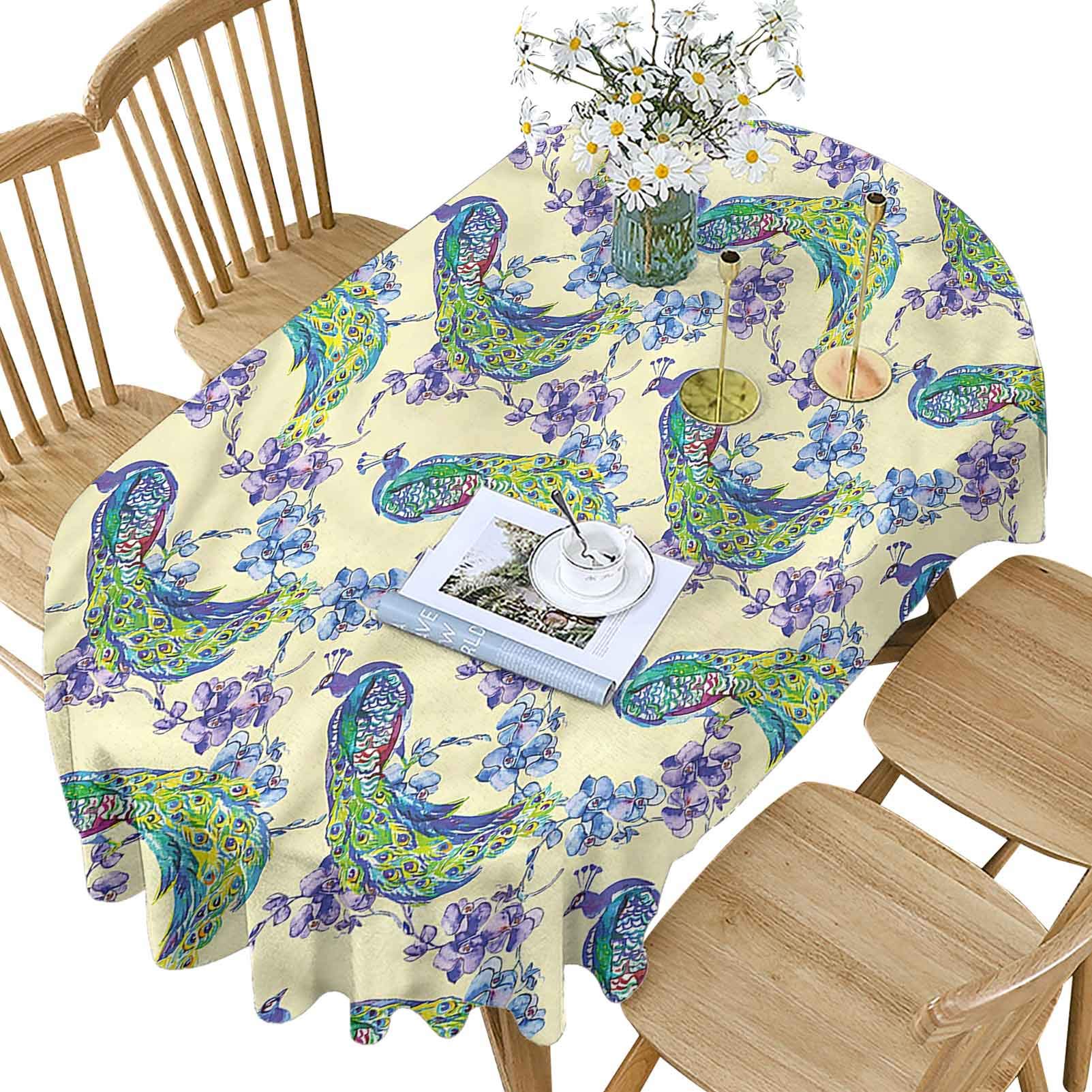 Hiiiman Peacock Polyester Oval Tablecloth,Japanese Spring Blossom Pattern Printed Washable Table Cloth Cover for Oval Table,52x70 Inch Oval,for Parties Weddings Spring Summer