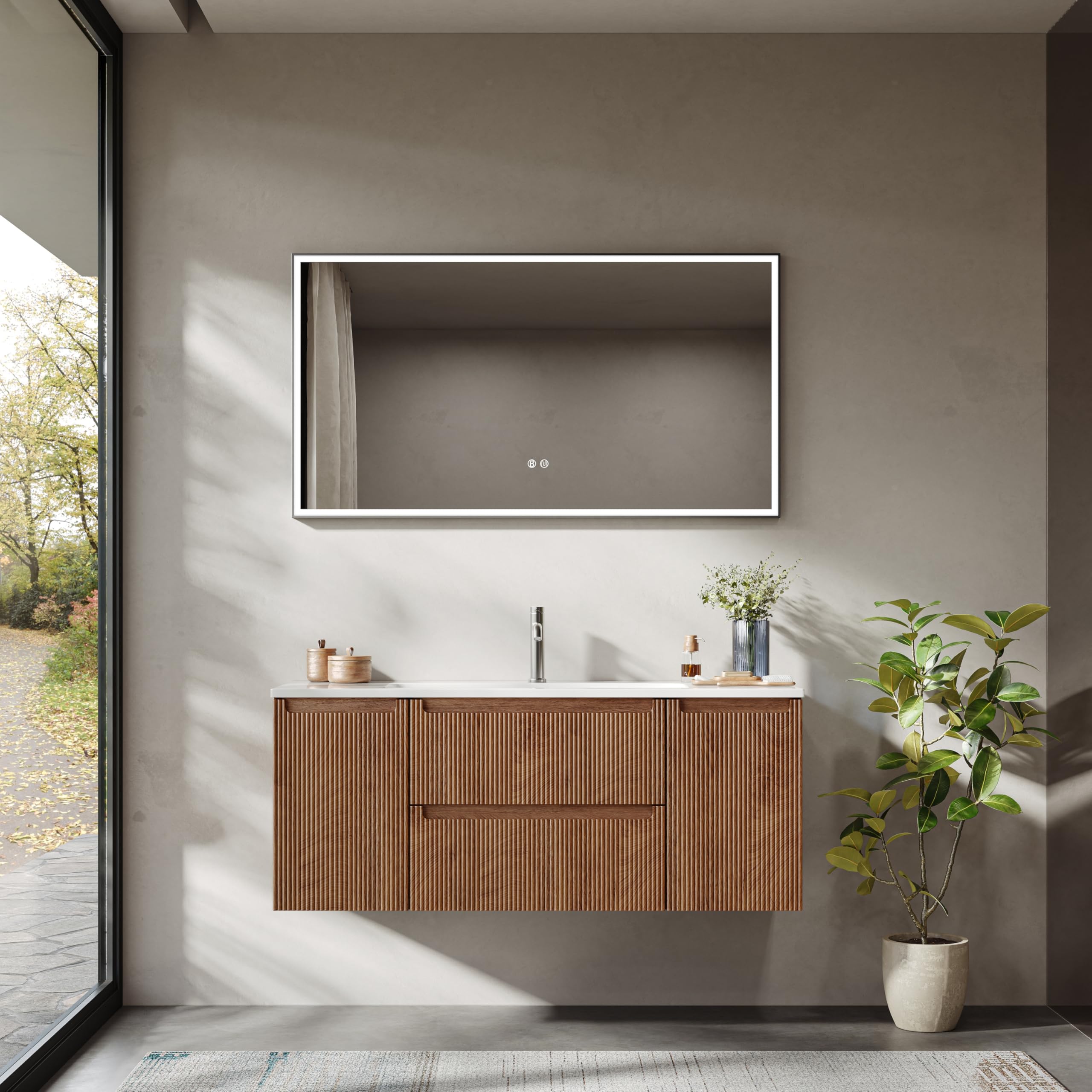 120 cm Wandwaschtisch Mit Mineralharzspüle, 2 Schubladen Und Türen, Ultradünn, Soft-Close, Geriffelt, Forest Walnut