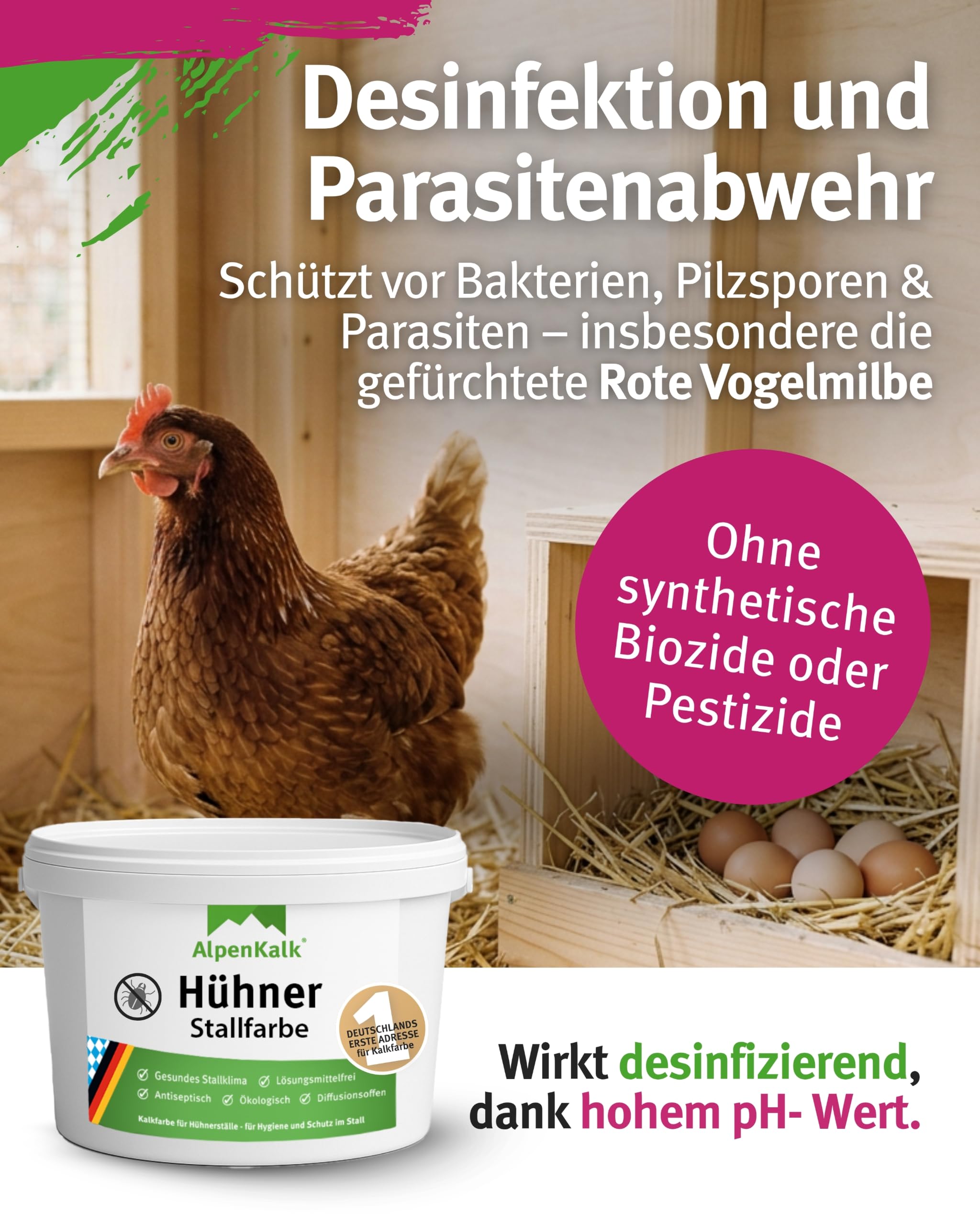 Kalkfarbe Hühnerstall I 5 kg für ca. 30 m² I Antibakterielle Stallfarbe gegen Milben & Schimmel I 100% natürlich & chemiefrei I Atmungsaktiv für ein gesundes Stallklima
