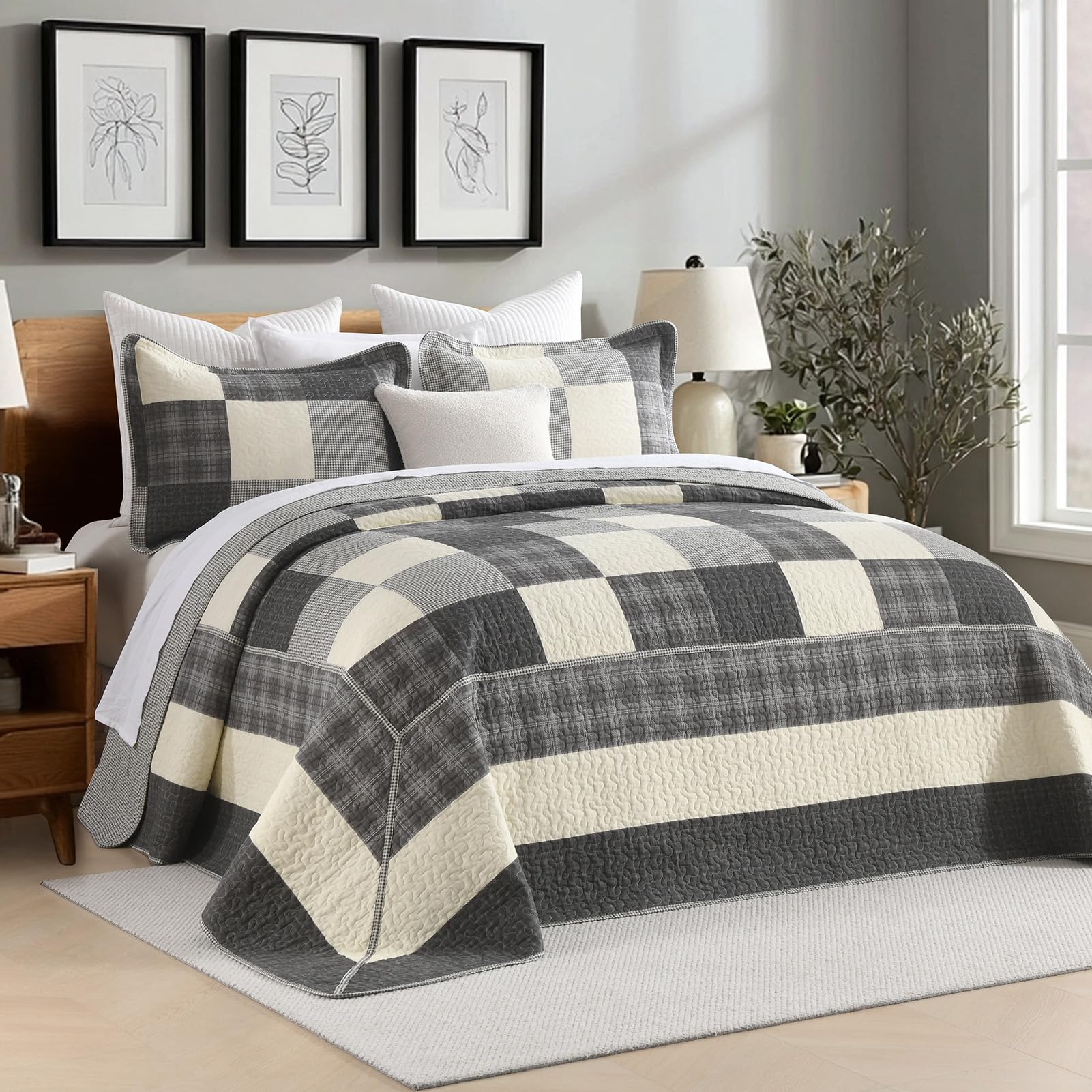 SahSahCasa 120"x120" Oversized King Quilt Set, 100% Cotton, California King Bedspread Coverlet, Cal King Quilted Bedspread Extra Large Quilt, XL Bed Spread Lightweight Comforter, 3pc, Charcoal/Cream