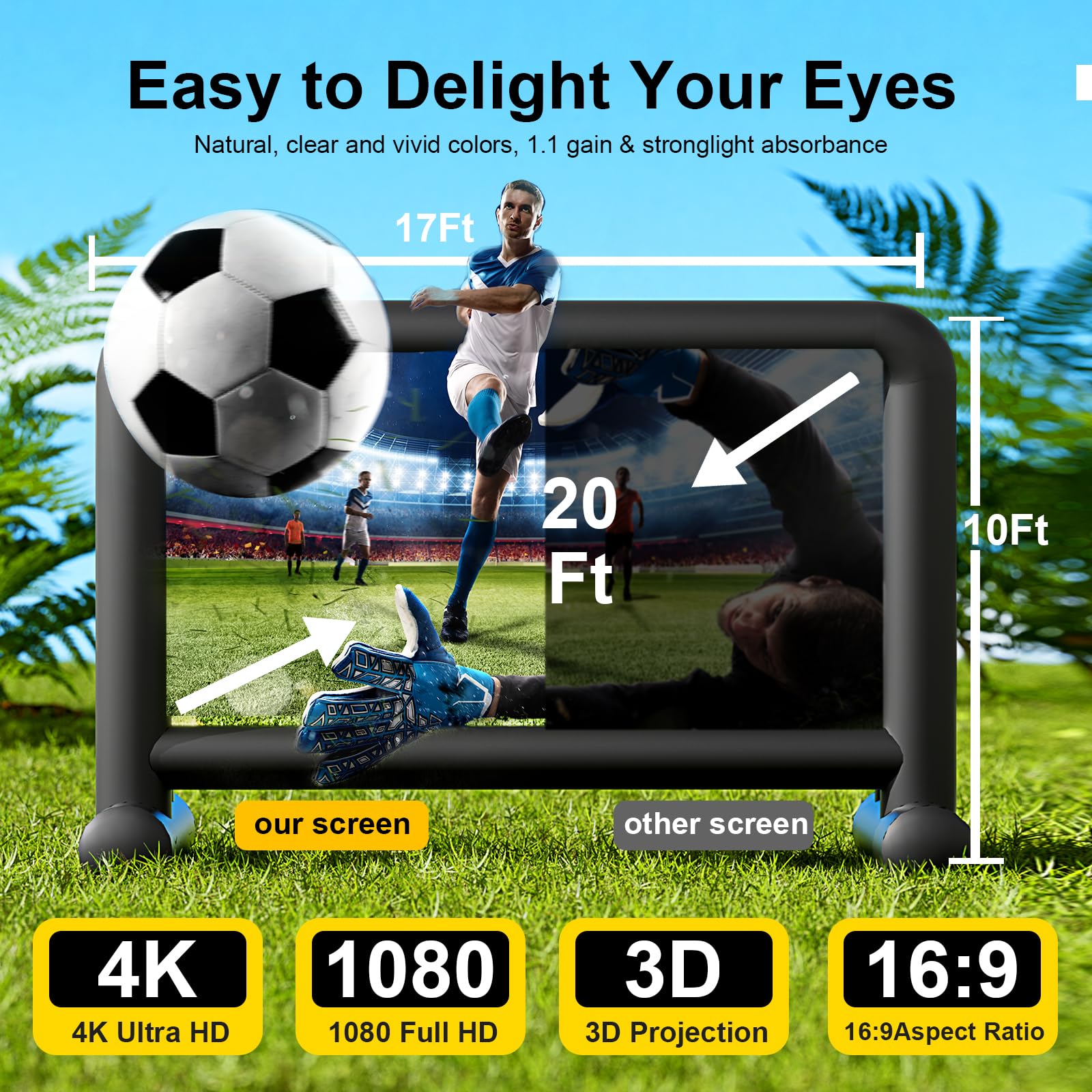 Pantalla de proyector inflable de 20 pies para exteriores con bolsa de almacenamiento de soplador de aire, proyección de doble cara, pantalla inflable de fácil configuración para noche de cine en el