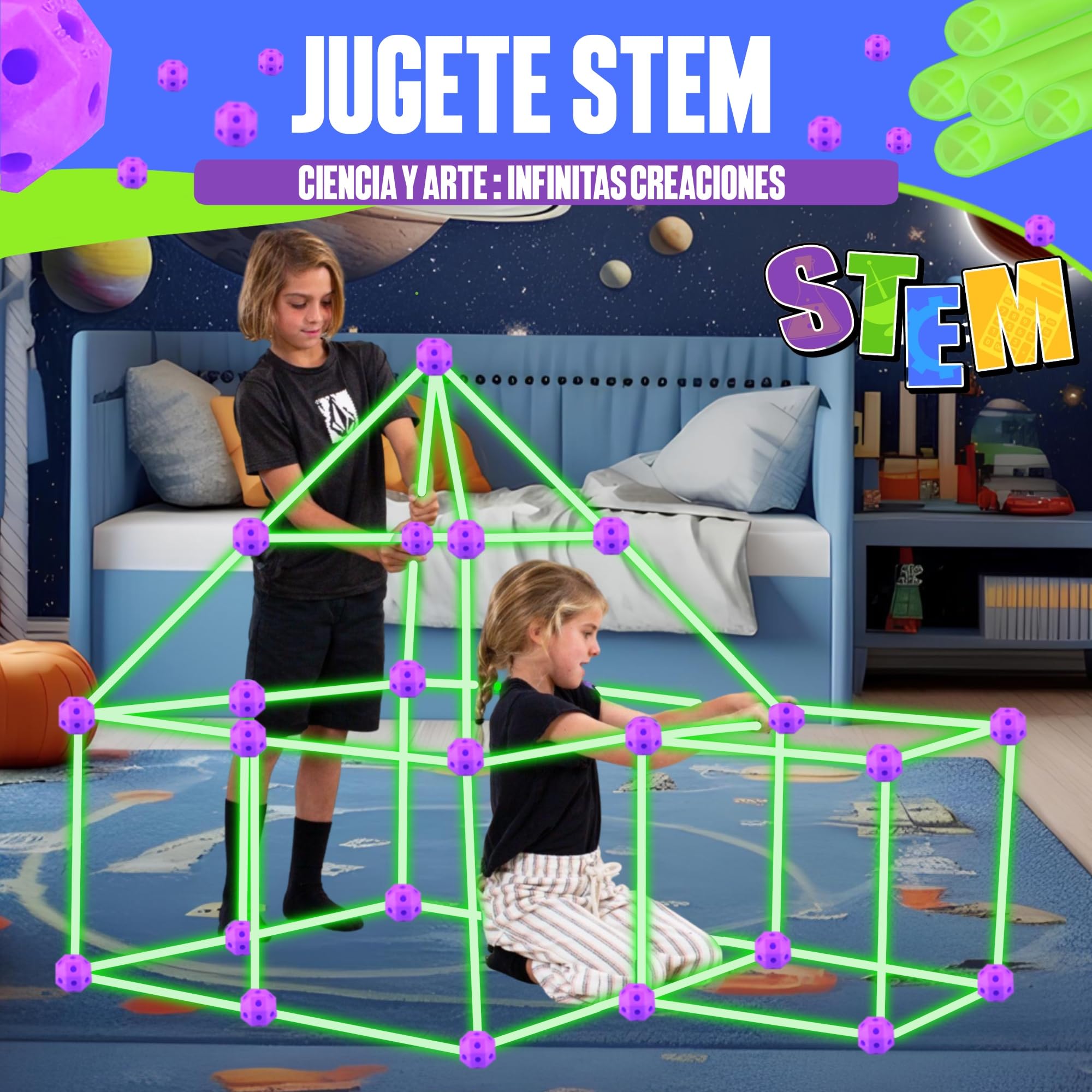100 pezzi Kit di costruzione - Brilla al buio, forte bambini da 3 a 13 anni, castelli tunnel creativi, tenda di giochi e campagna per interni ed esterni, fortezza fai da te