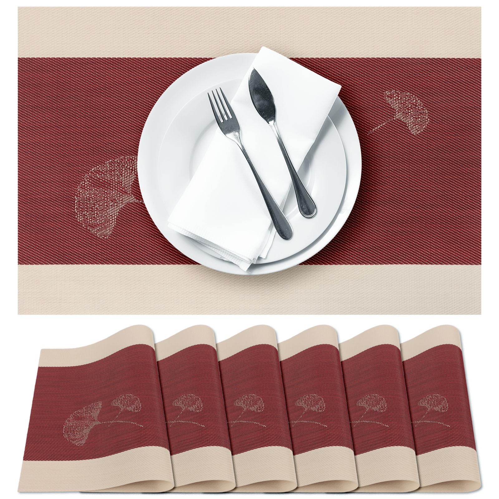 Terafeels 6 Pack Place Mats for Table, Ginkgo Leaves Pattern – Durable and Easy to Clean Placemats for Dining, Kitchen, or Home Decor – Non-Slip, Heat-resistant, Stylish Table Mats (Red)