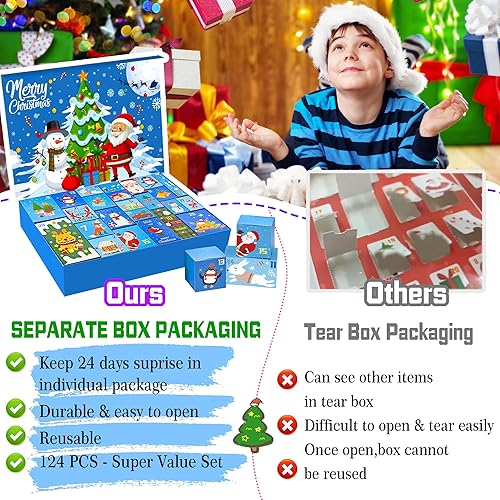 Miniatura 6 de Calendario de cuenta regresiva de Navidad, calendario de Adviento 2023 para niños, 24 días, caja de regalo reutilizable, calendario de Adviento de