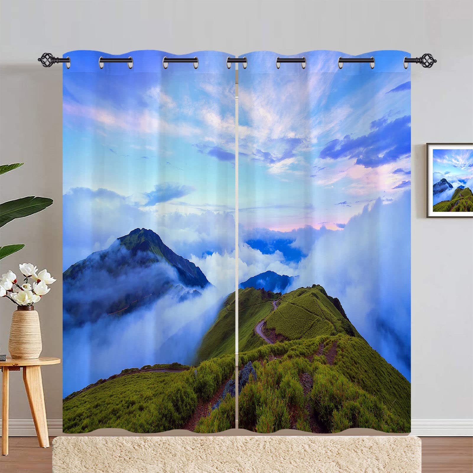ANHOPE Mountain Curtains Eyelet 80% Blackout Room Darkening Curtains with Sunrise Cloud Foggy Mountain Top Print Pattern Light Blocking Window Drapes for Bedroom Living Room 46 x 90 Inch Drop 2 Panels — image 1