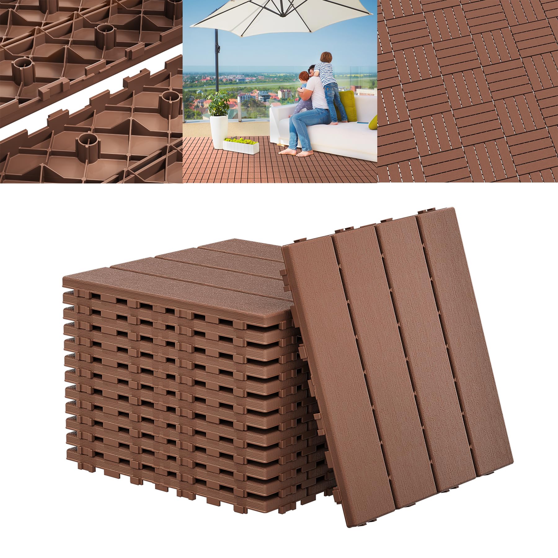 ACXIN Lot de 22 dalles de terrasse en plastique PE - 30 x 30 cm - Aspect bois - Résistants aux intempéries - Pour balcon, terrasse à clic - Fonction de drainage et surface antidérapante - 2 m² -