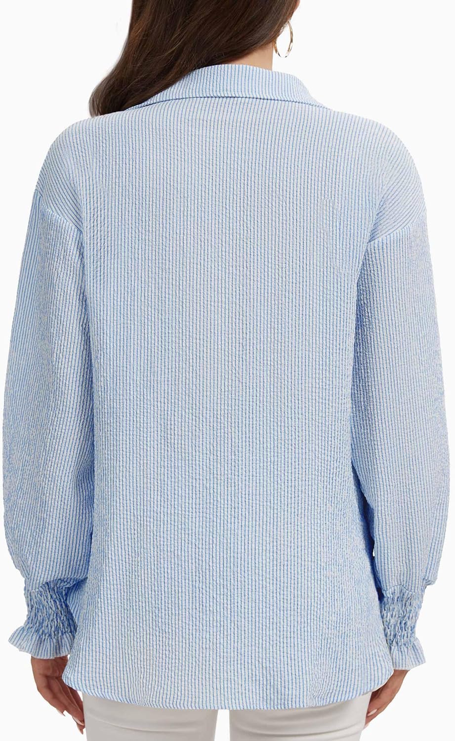 WEACZZY Women's Striped Button Down Shirts Long Sleeve Smocked Cuffed Oversized Boyfriend Blouses Collared Causal Tops - Image 4