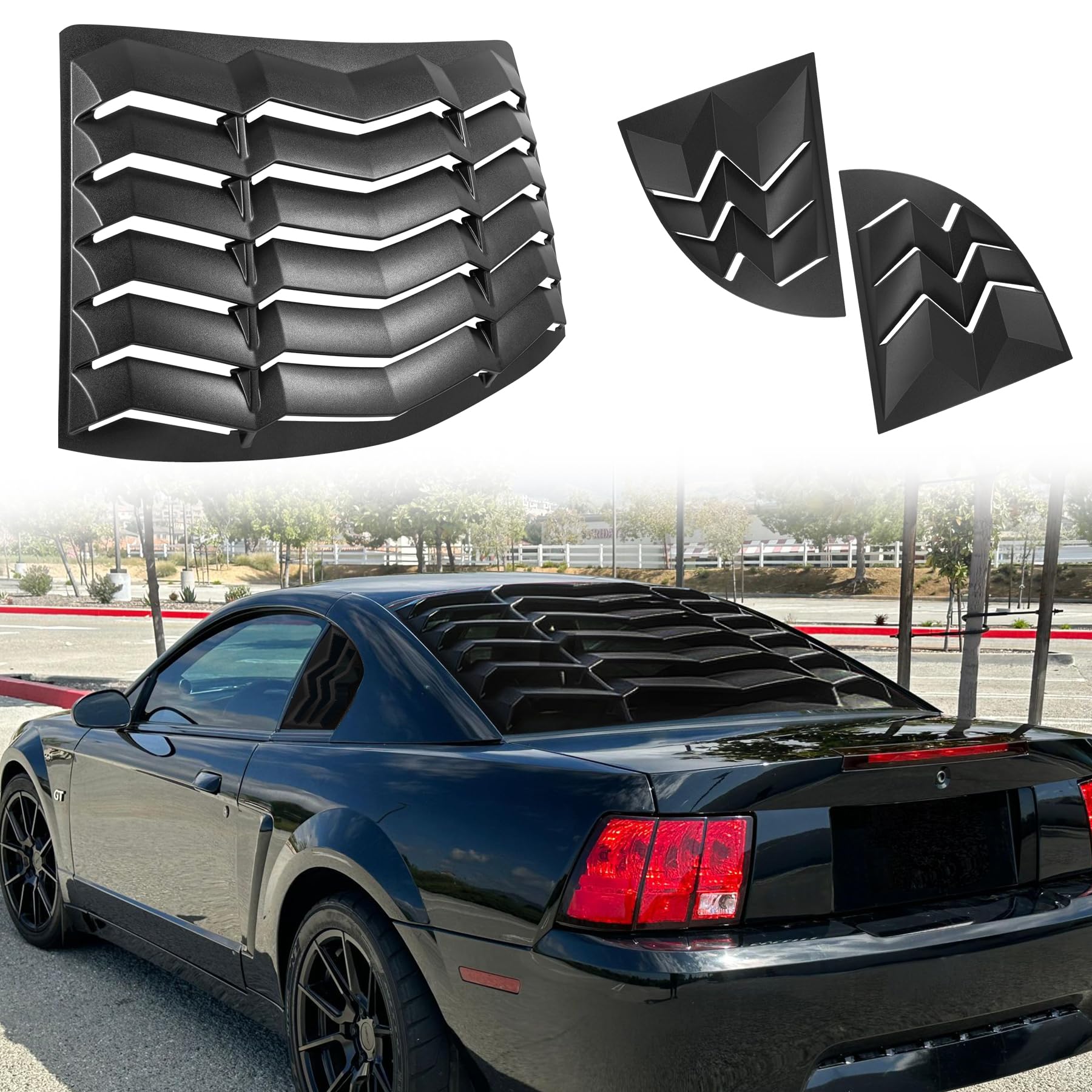 BELIFLY Rear & Side Window Louvers Compatible with Ford Mustang 1999 2000 2001 2002 2003 2004 Windshield Sun Shade Cover Set in GT Lambo Style (Matte Black)
