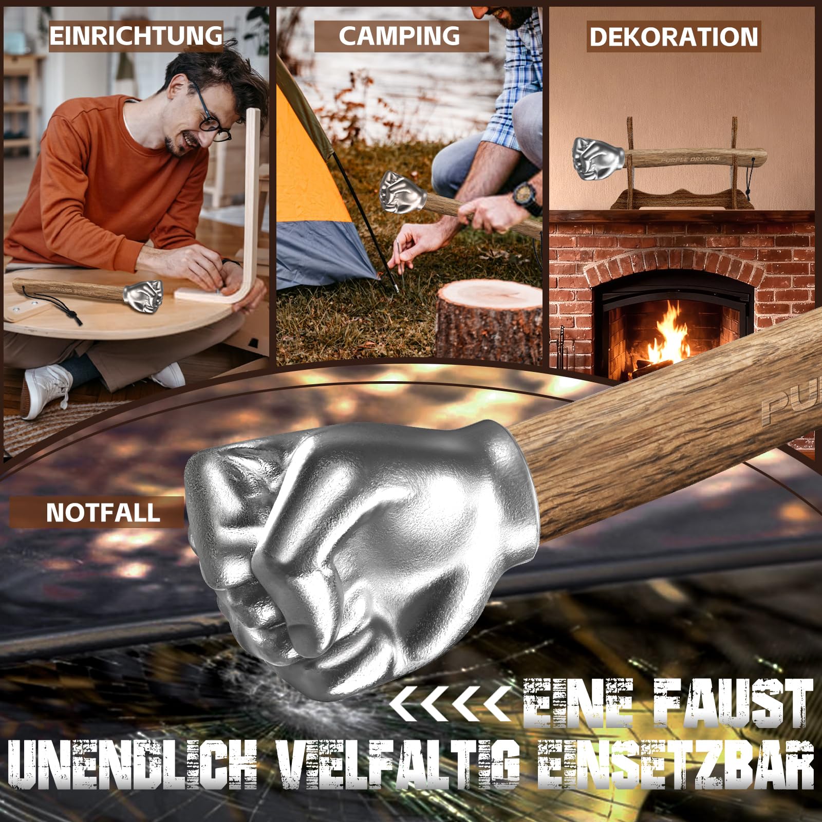 Faust Hämmer mit Holzgriff 0,9 kg - Handhammer in Faustform für DIY, Handwerk & Camping