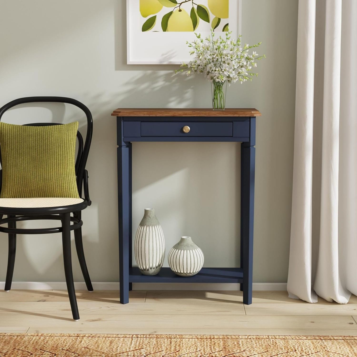East at Main Marnie Console Table – 23.75” Wide Navy Blue Entryway Table with Storage Drawer & Shelf – Slim Accent for Hallways, Foyers, Living Rooms and Small Spaces – Handcrafted Bayur Wood