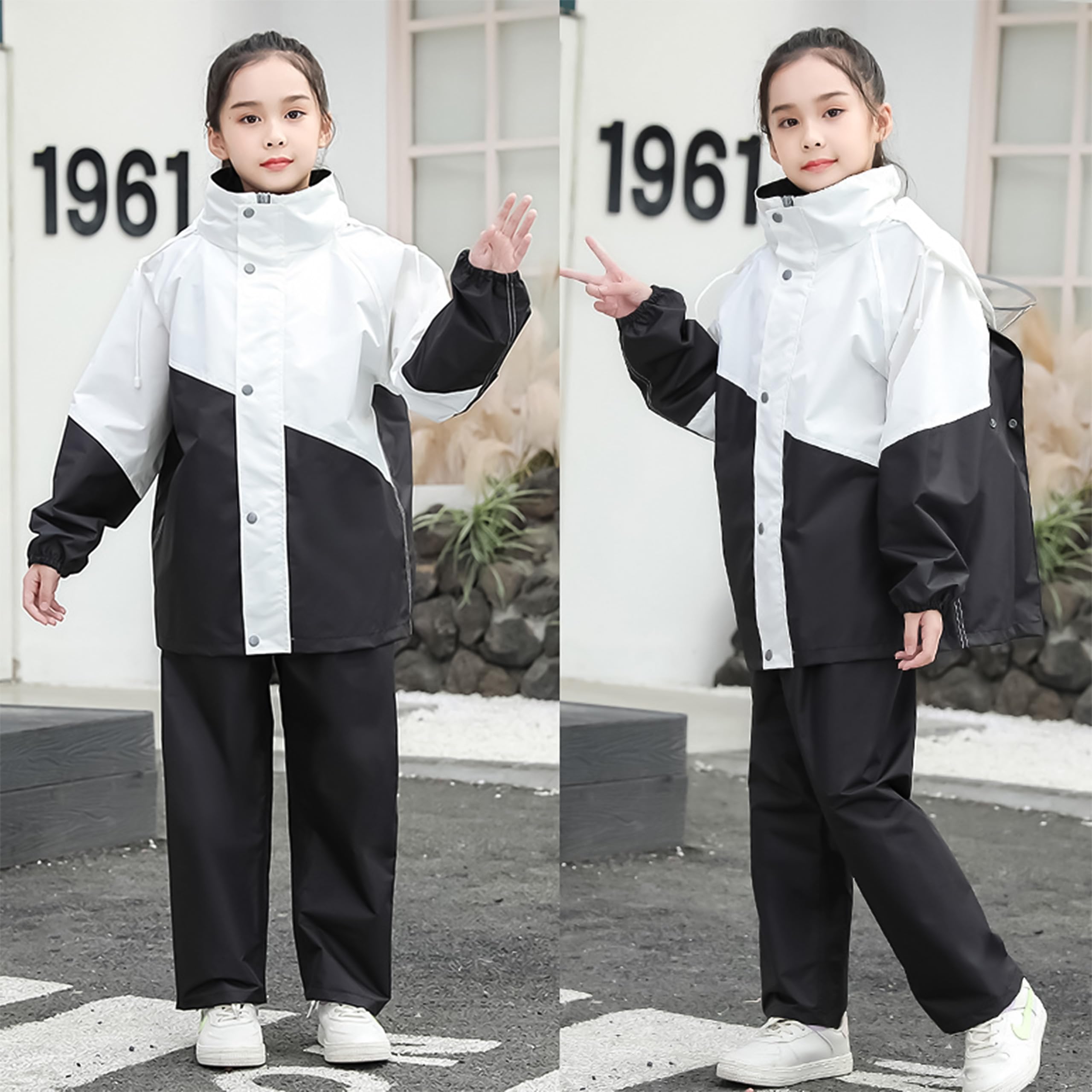 Volunboy Enfants Imperméable à Capuche Boutons Manteau Veste de Pluie et Pantalon Combinaison pour Fille Garçon