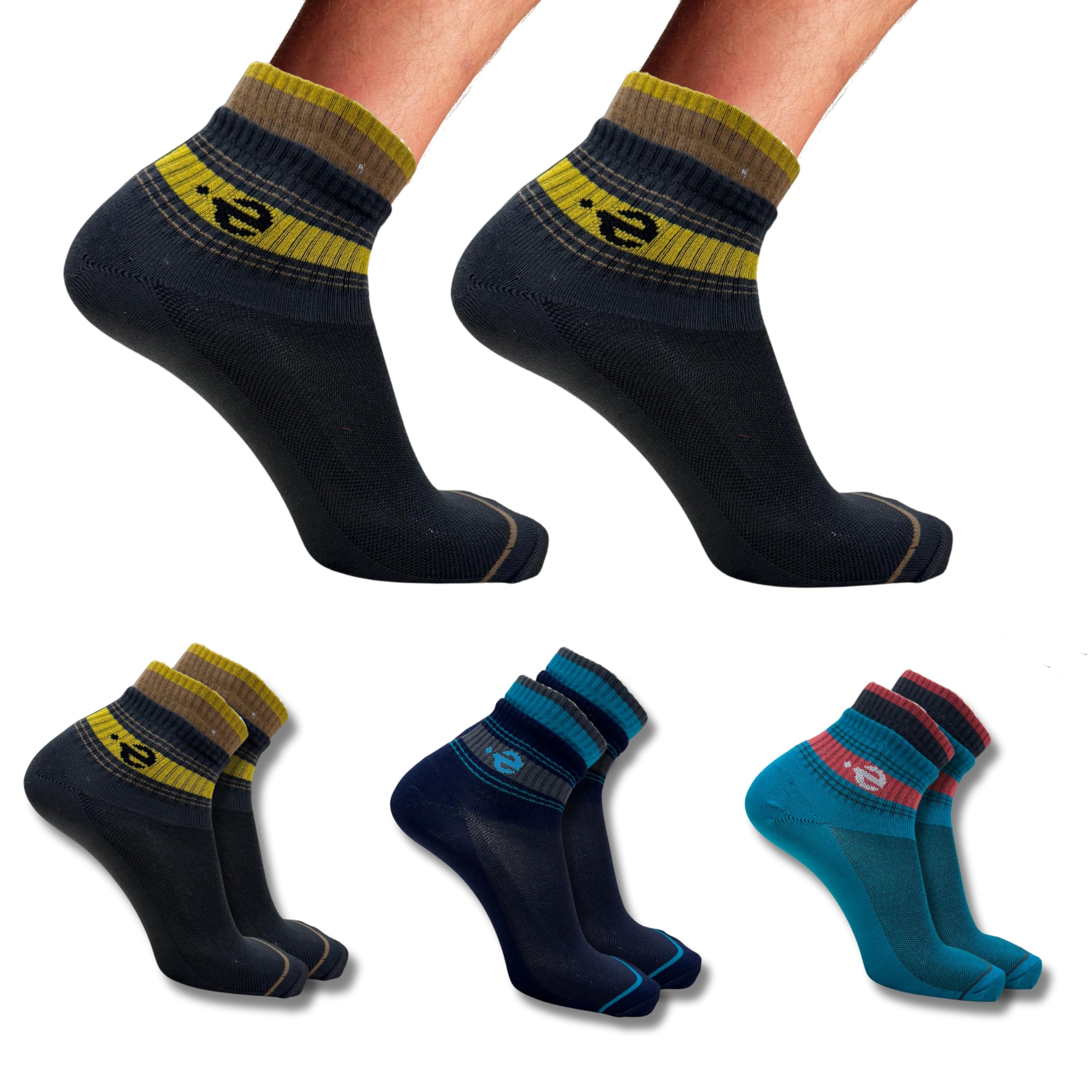 EcosyncBreathable Bamboo Cotton Ankle Socks for Men & Women | Padded Base & Arch Support | Odor Resistant, Soft & Durable | Shadow Olive,Navy Blue,Teal | Pack of 3