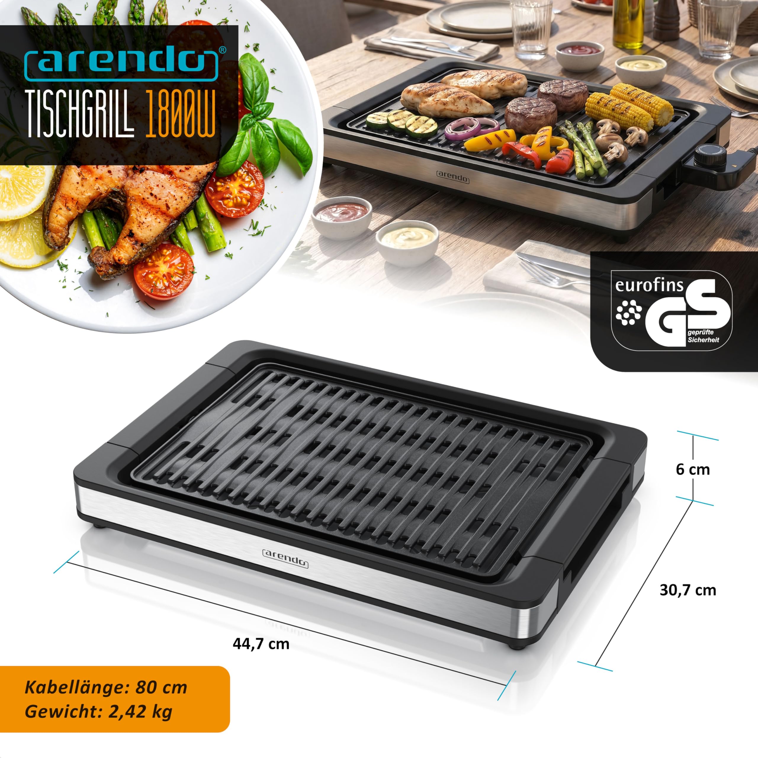 Arendo - Tischgrill Elektrogrill Edelstahl - bis 250 Grad - Steaks, Würstchen, Fisch, Meeresfrüchte, Gemüse, Pilze u.v.m. - für Balkon, Garten, Indoor - starke 1800 Watt - Antihaftbeschichtung