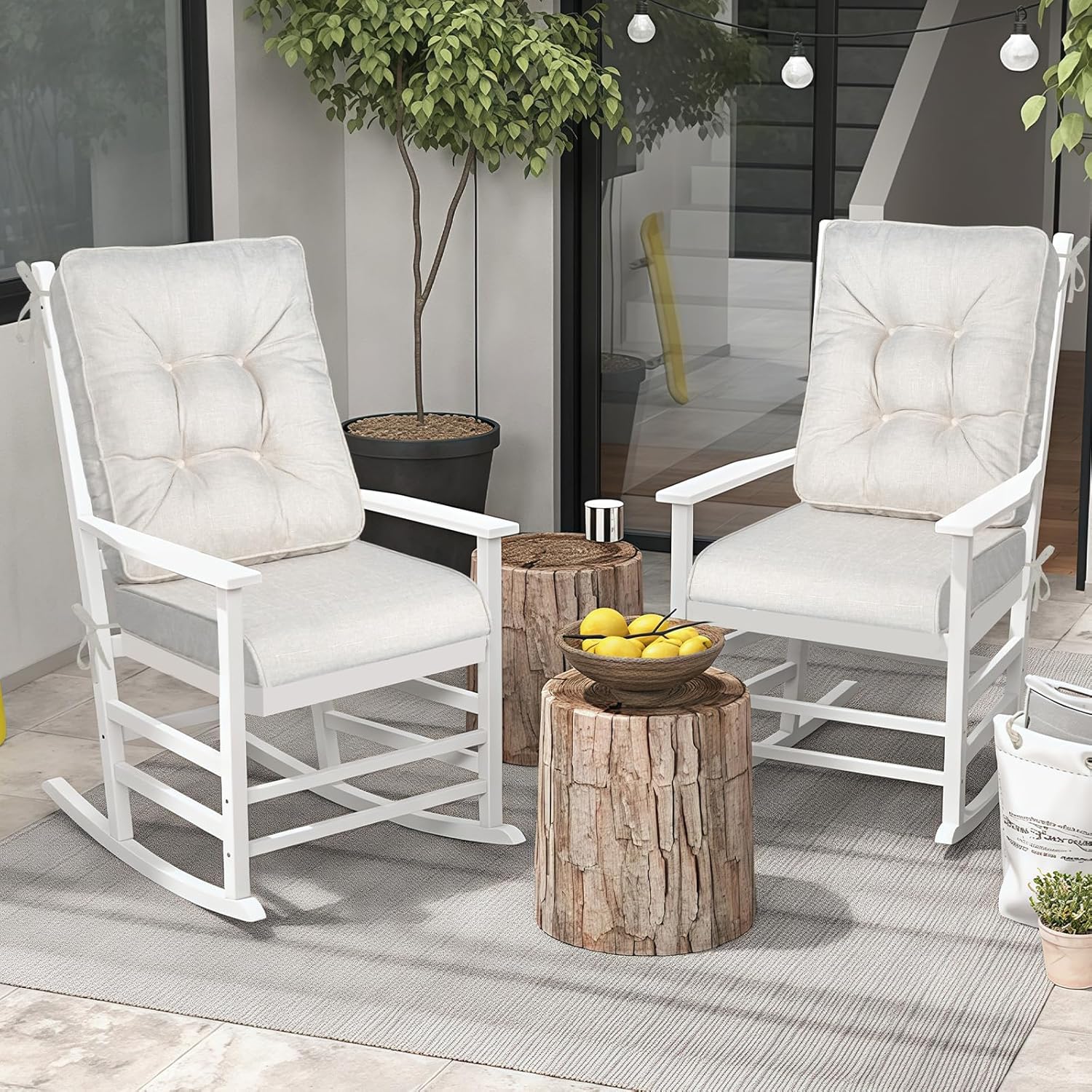 idee-home Rocking Chair Cushion Set, Outdoor Rocker Cushions Indoor, Thick Foam Seat Pads Water Resistant Durable Patio Furniture Chair Cushion with Ties Beige